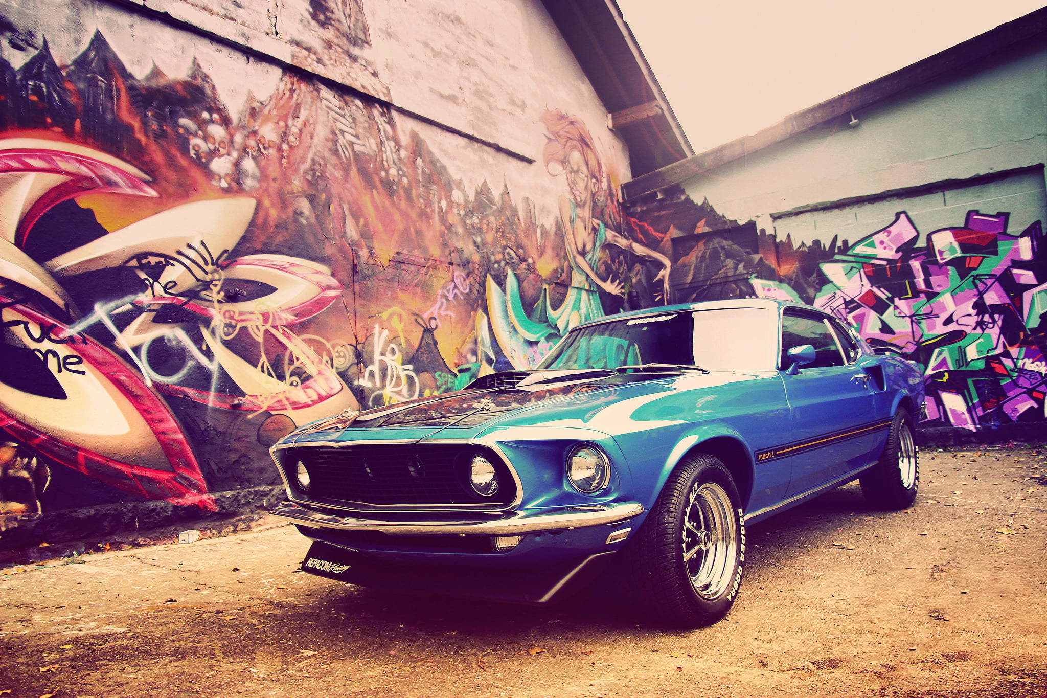 blue Ford Mustang coupe, home, 1969, grafiti, Classic, Muscle Car