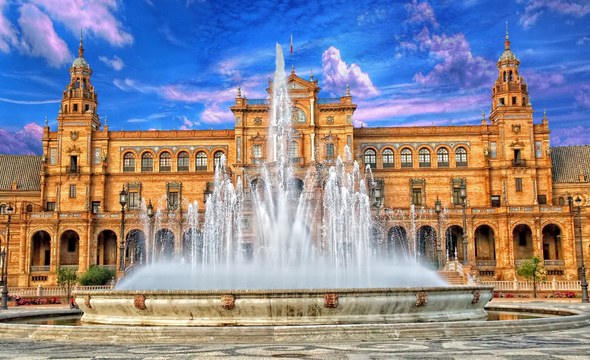 brown cathedral, the sky, fountain, Spain, Palace, Seville, Espana