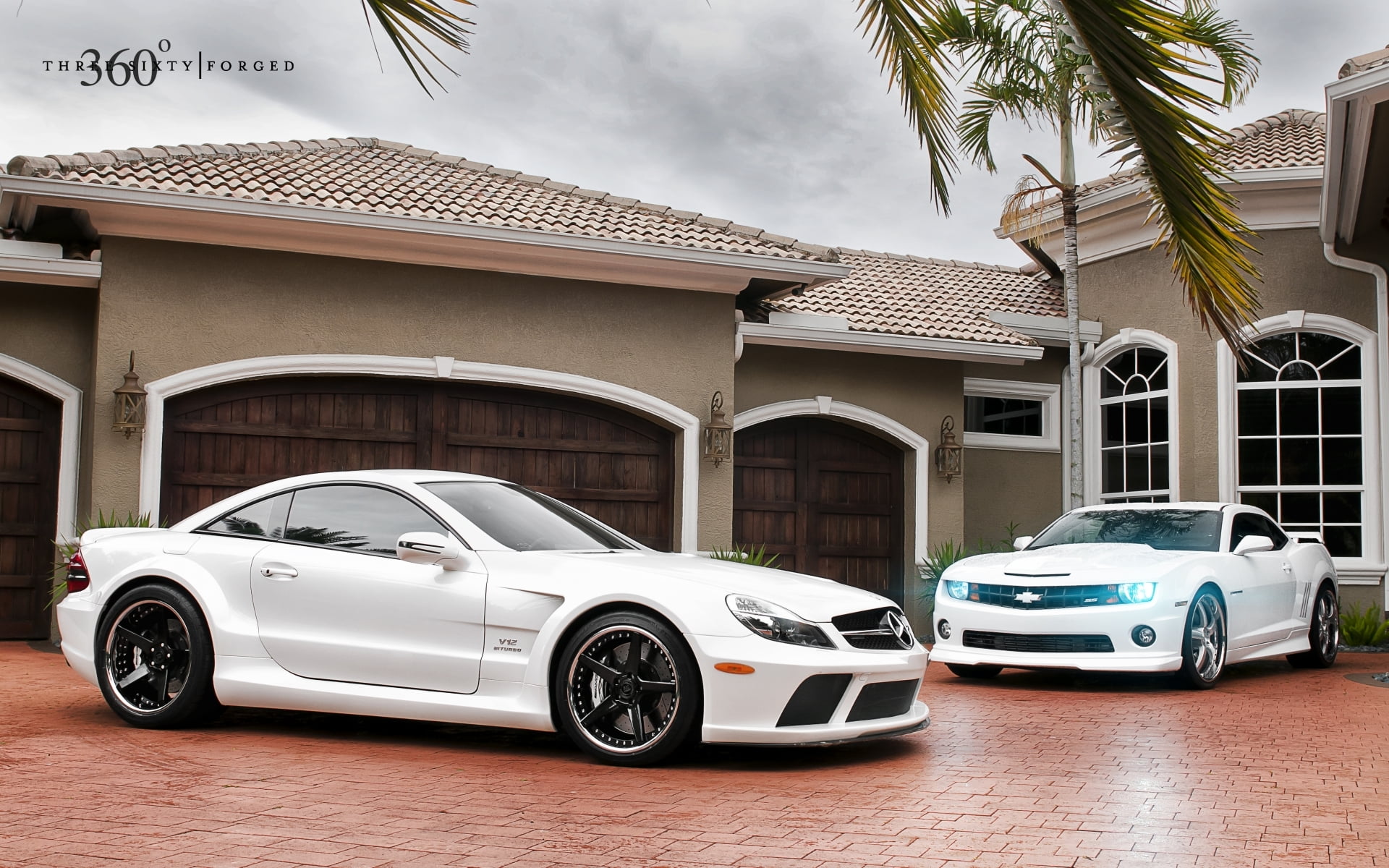 white Chevrolet Camaro and Mercedes-Benz coupe, house, 360, AMG