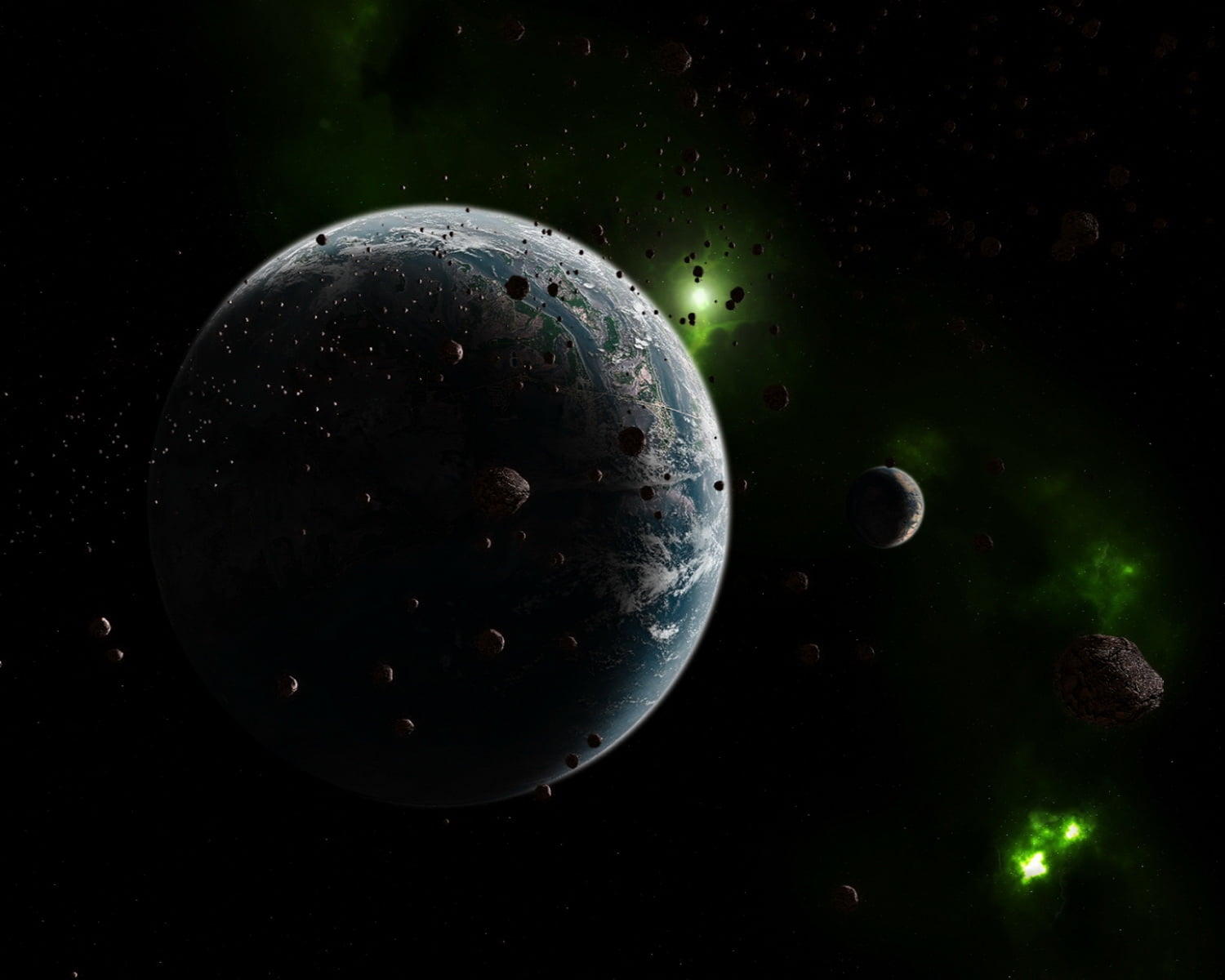 illustration of planet and asteroids, meteorites, rain, earth