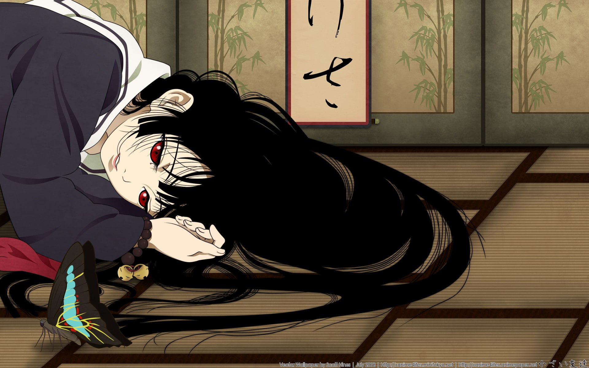 anime girls, Enma Ai, Jigoku Shoujo, red eyes, butterfly, lying down
