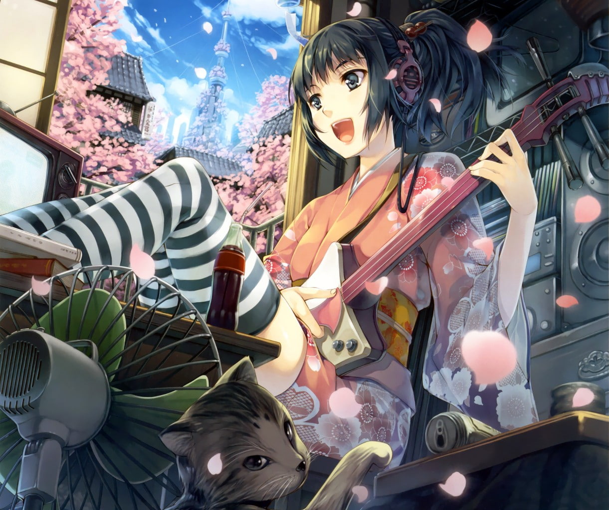 guitar, anime girls, city, Asian architecture, Japanese clothes