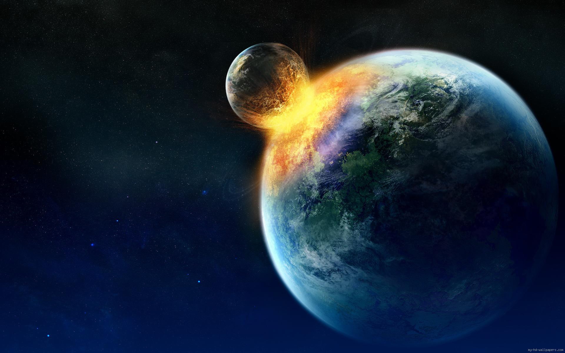 Space collision between planet, 2 planets colliding illustration photo