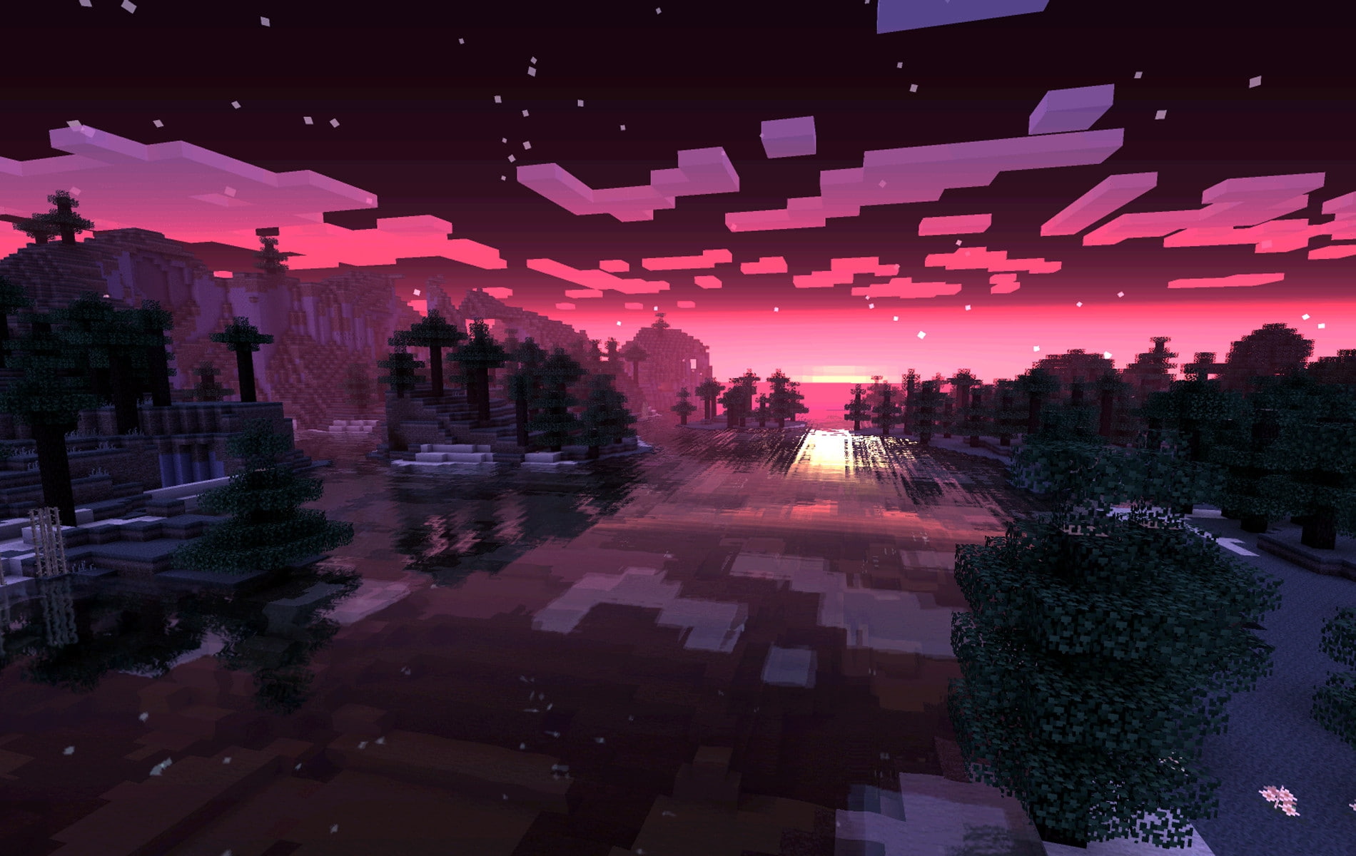 water sunsets trees islands minecraft 1900x1200  Nature Sunsets HD Art