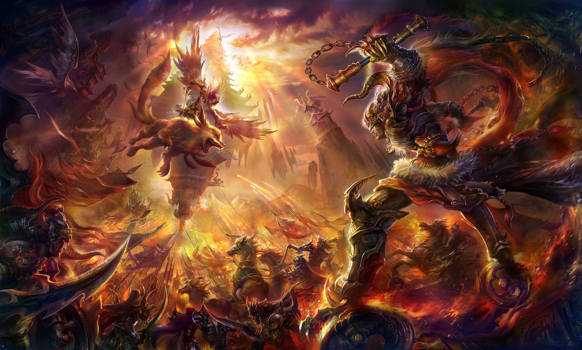 battle of gods wallpaper, weapons, army, being, art, the sun's rays