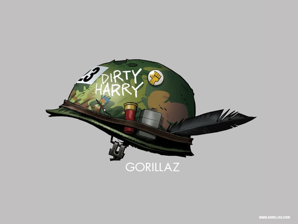 green Dirty Harry helmet illustration, Music, Gorillaz, studio shot