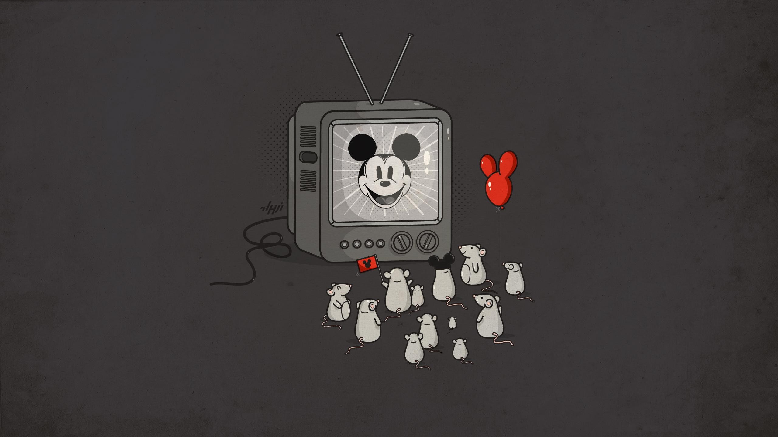 Mickey Mouse, humor, mice, balloon, simple background, television sets