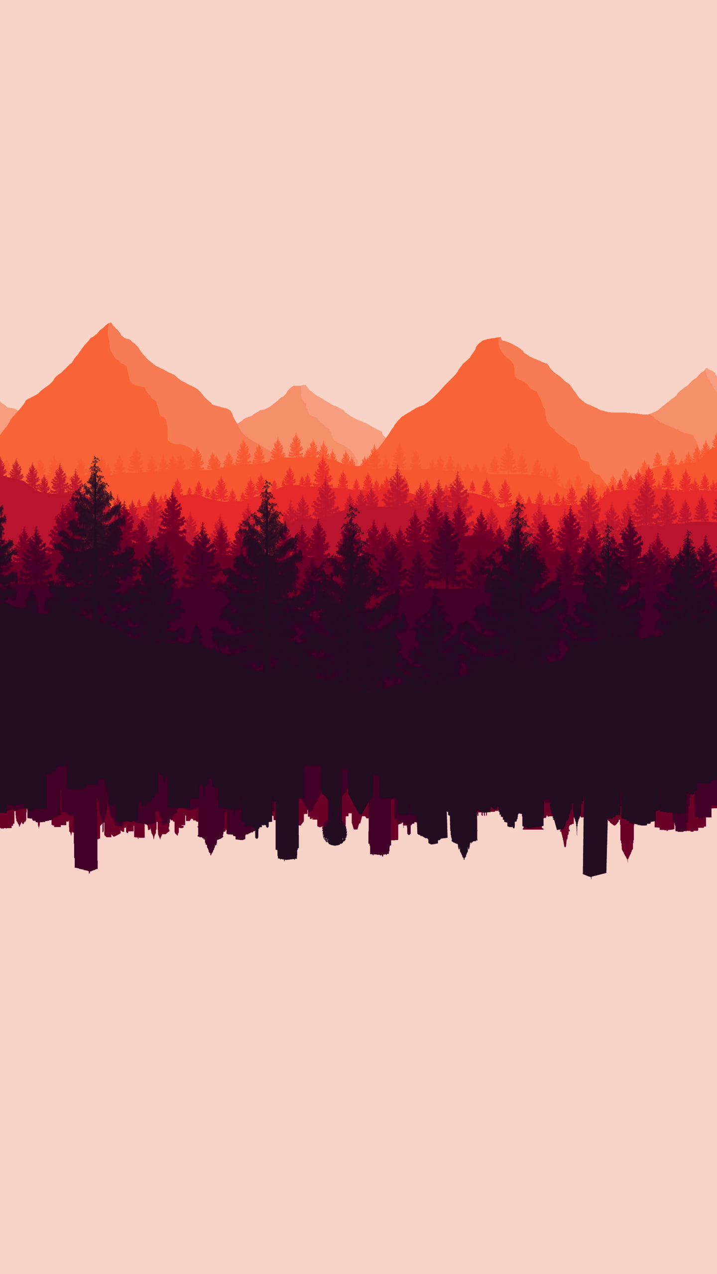 cityscape, mountains, forest, digital art, upside down, trees