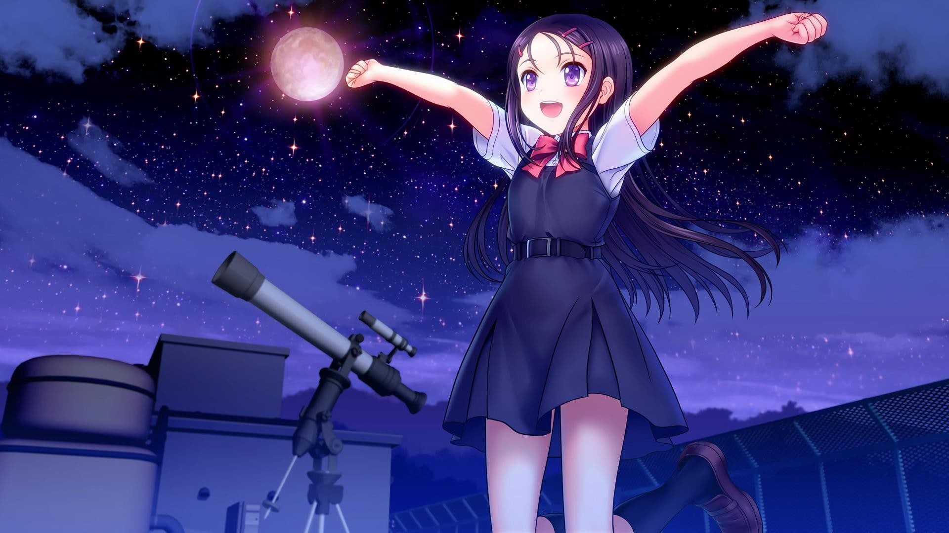 Otosaka Ayumi, Moon, violet eyes, violet hair, sky, telescope