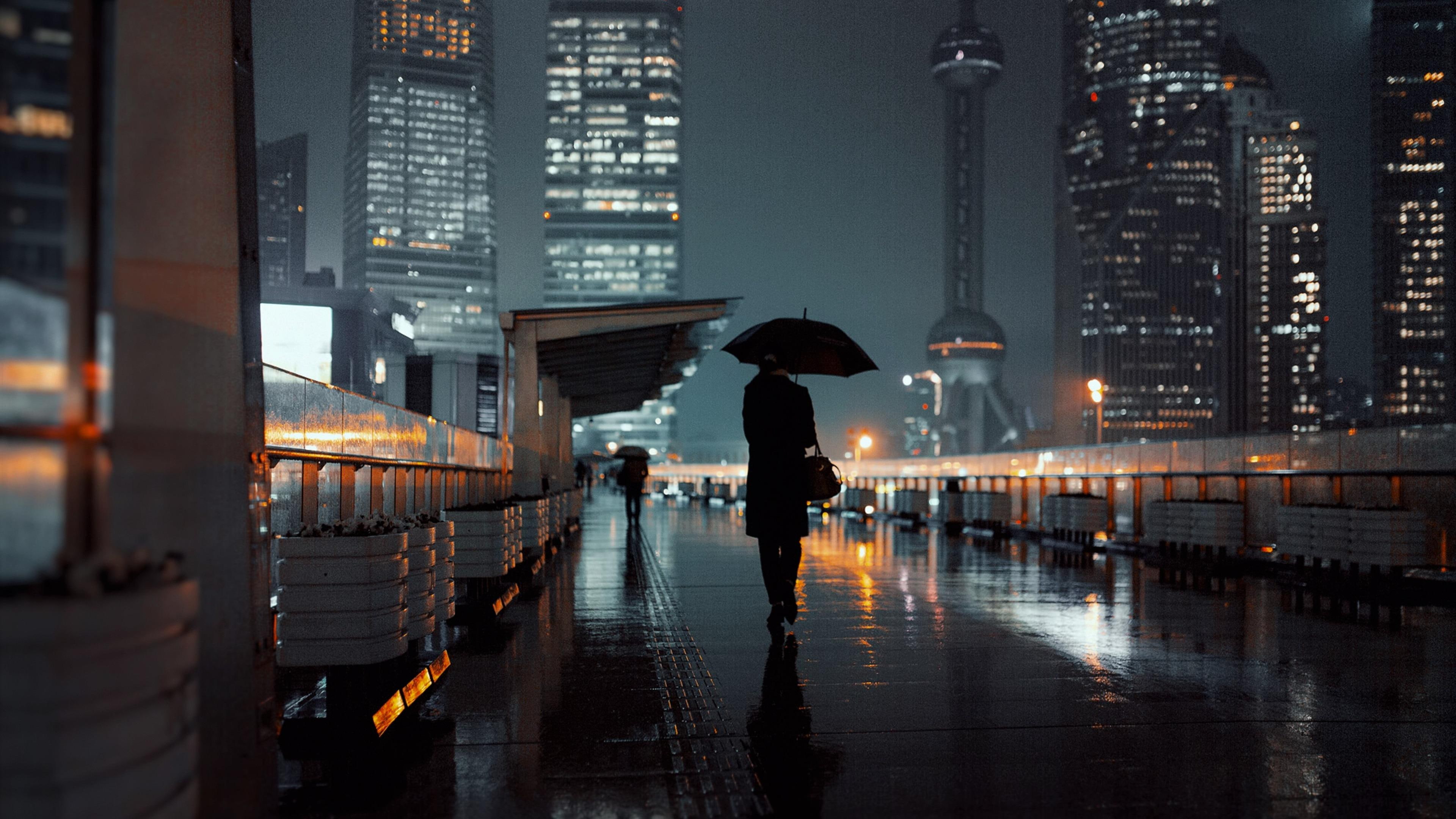 rain, rainy night, umbrella, silhouette, street view, wet, raining