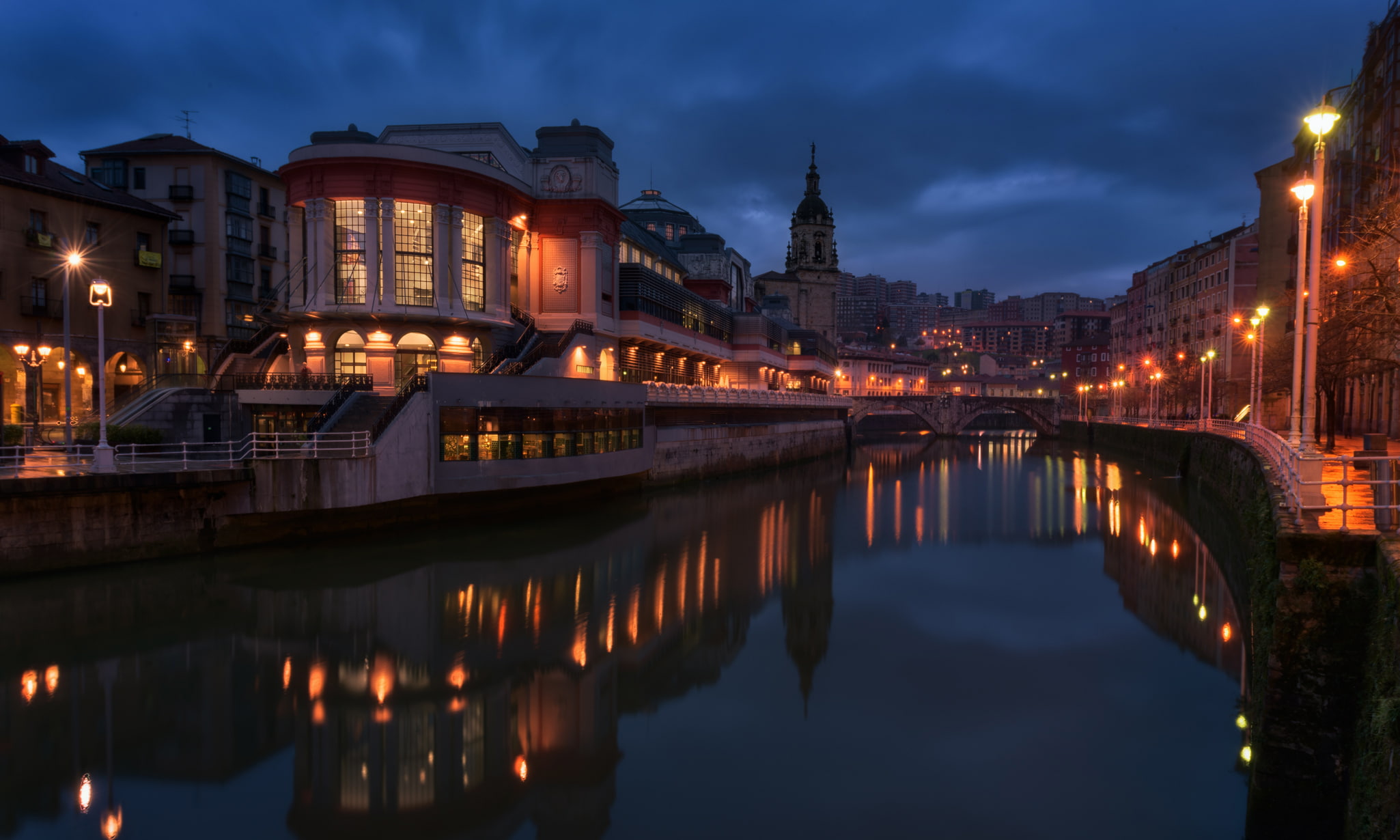 Cities, City, Architecture, Bilbao, Canal, House, Night, Reflection
