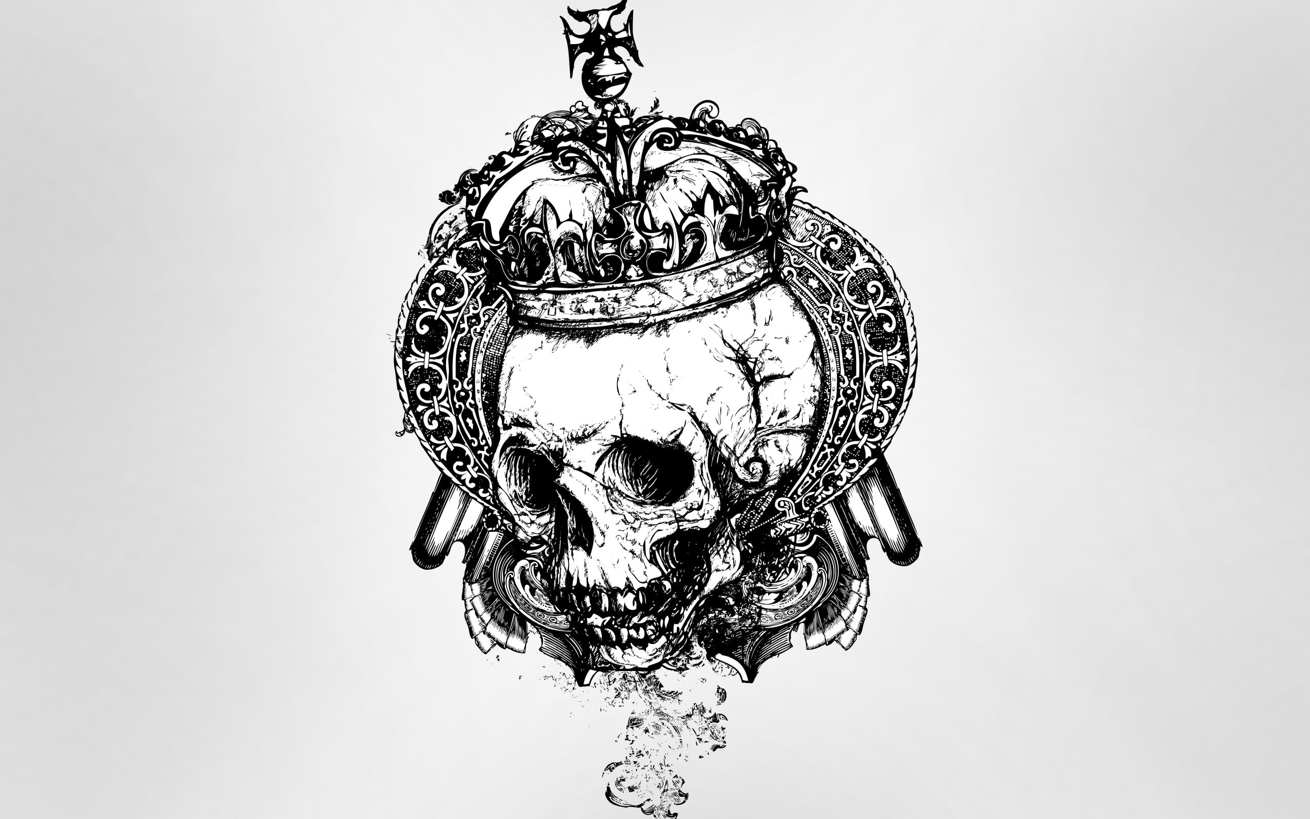 skull illustration, gray background, vector art, crown, metal