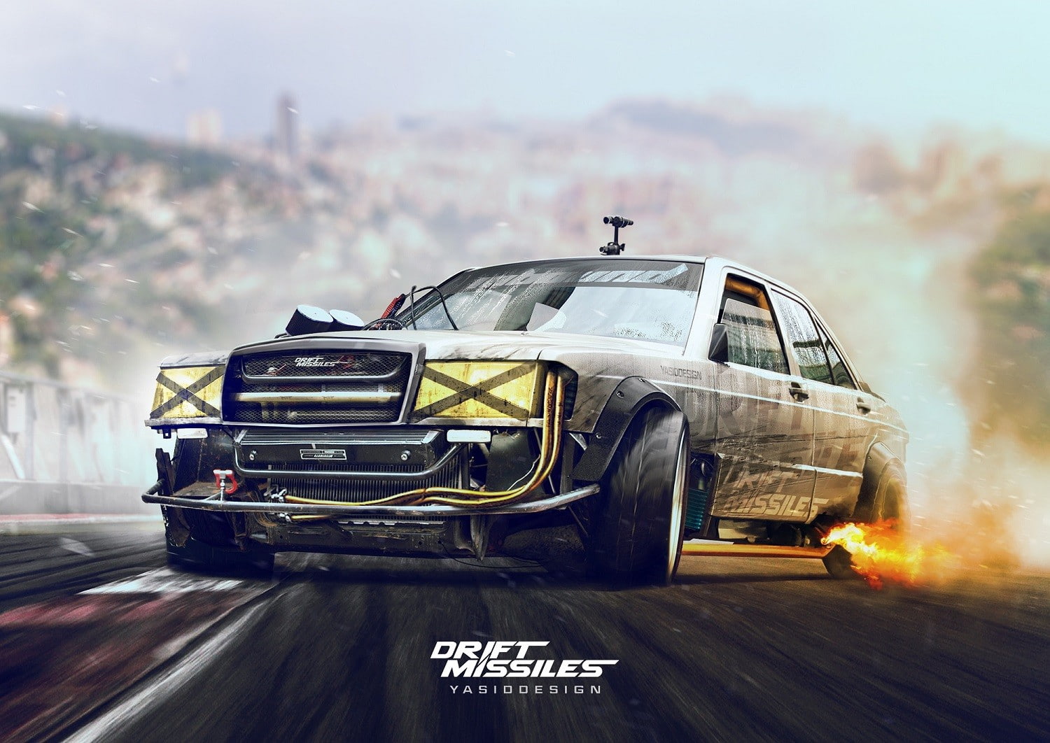 artwork, car, Drift, Drift Missile, Mercedes W202, render, Taped Headlights
