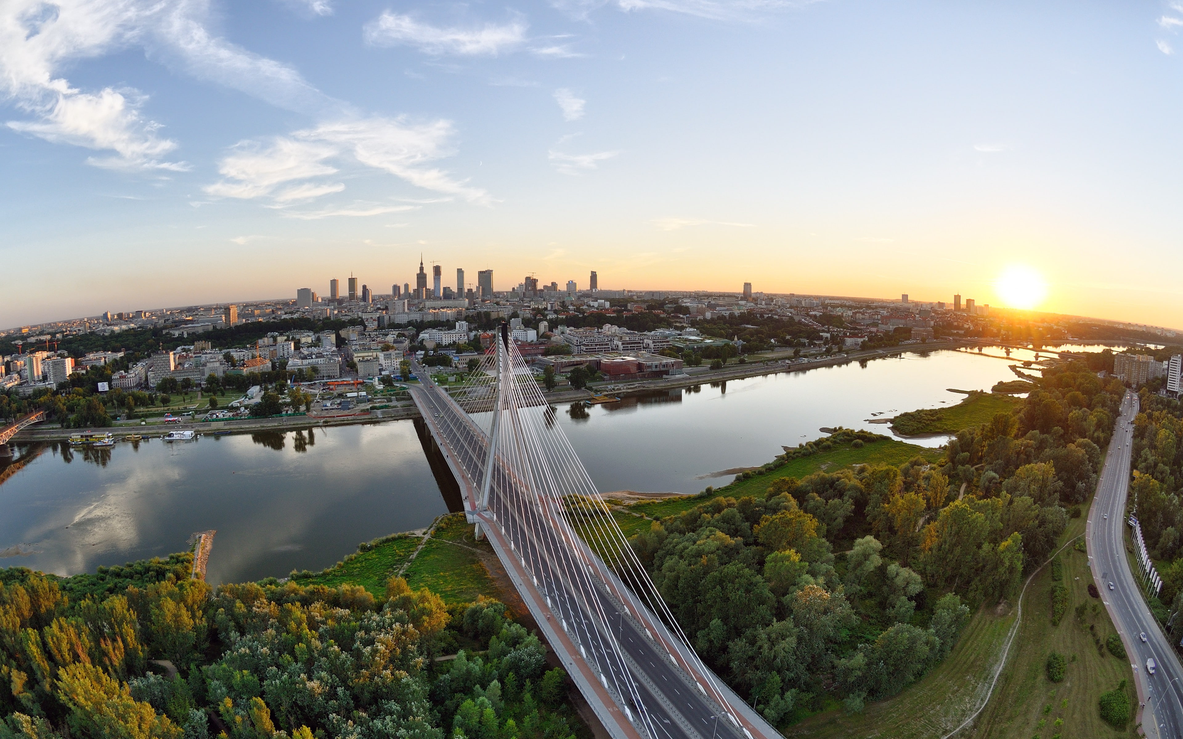 Warsaw, city, bridge, river, hung, road, sky, Sunset, house, support