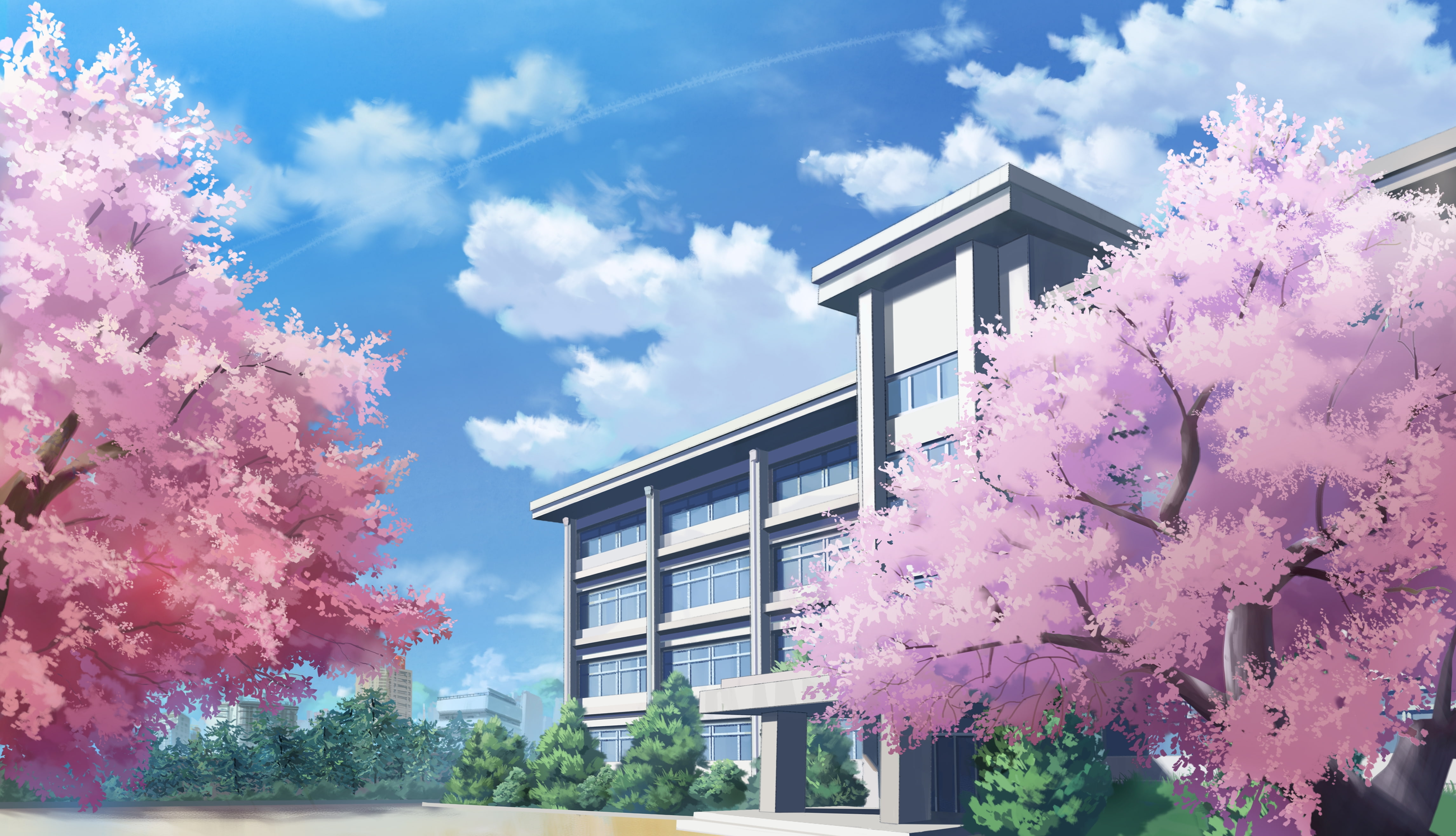 anime school, building, sakura blossom, clouds, architecture