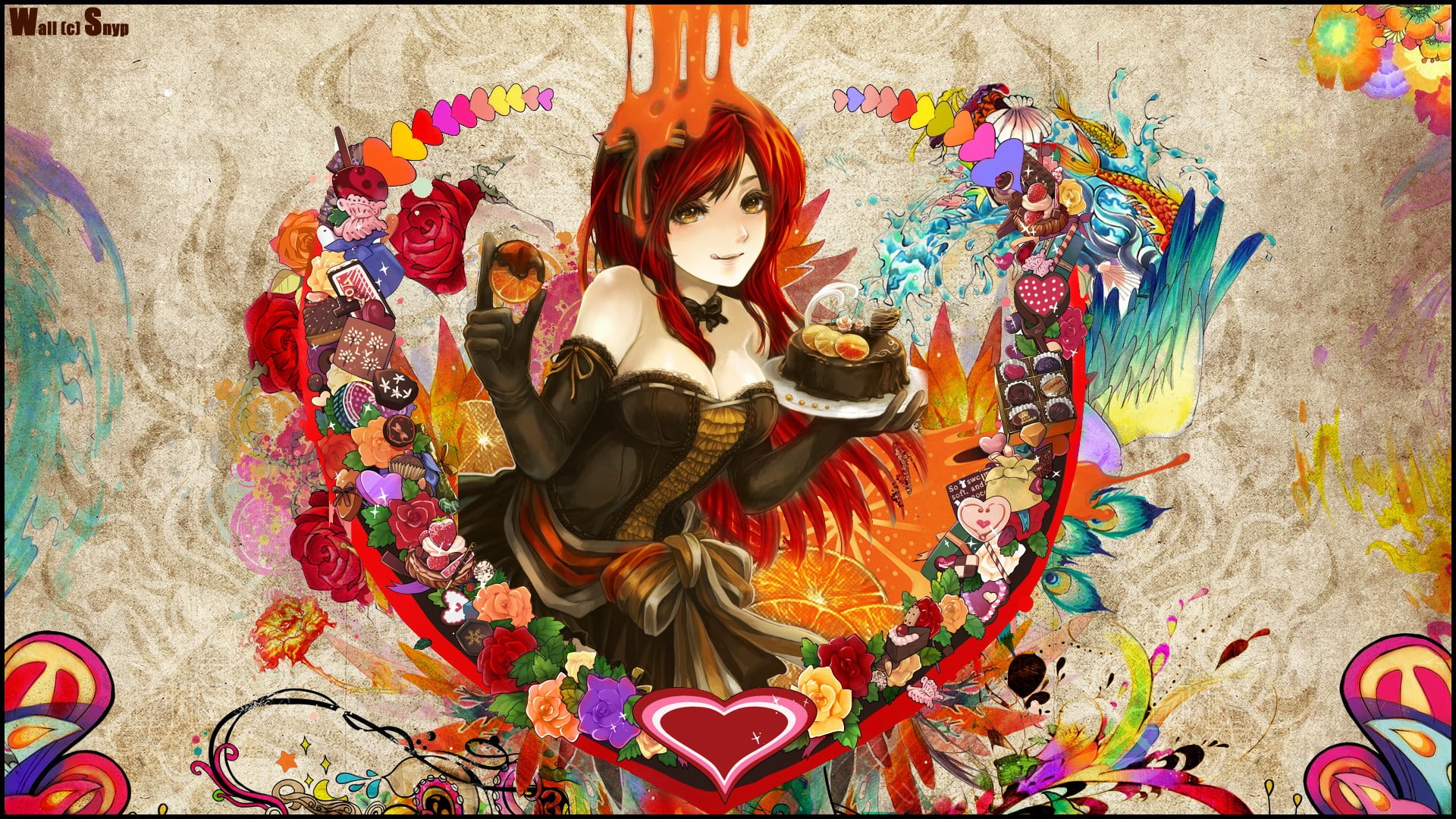 Anime, Cakes, Hearts, Colorful, Flowers, Original Characters, Redhead, Anime Girls, female art painting