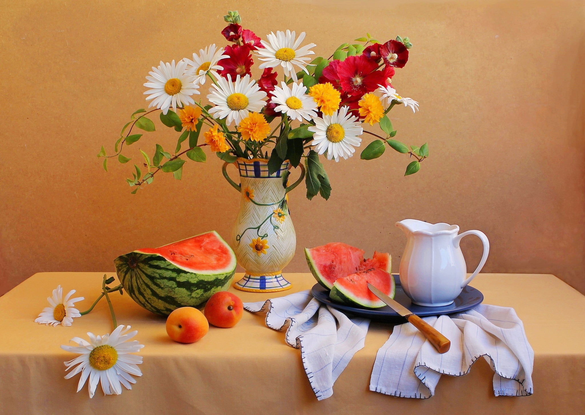 watermelon fruit, flowers, table, bouquet, knife, vase, pitcher