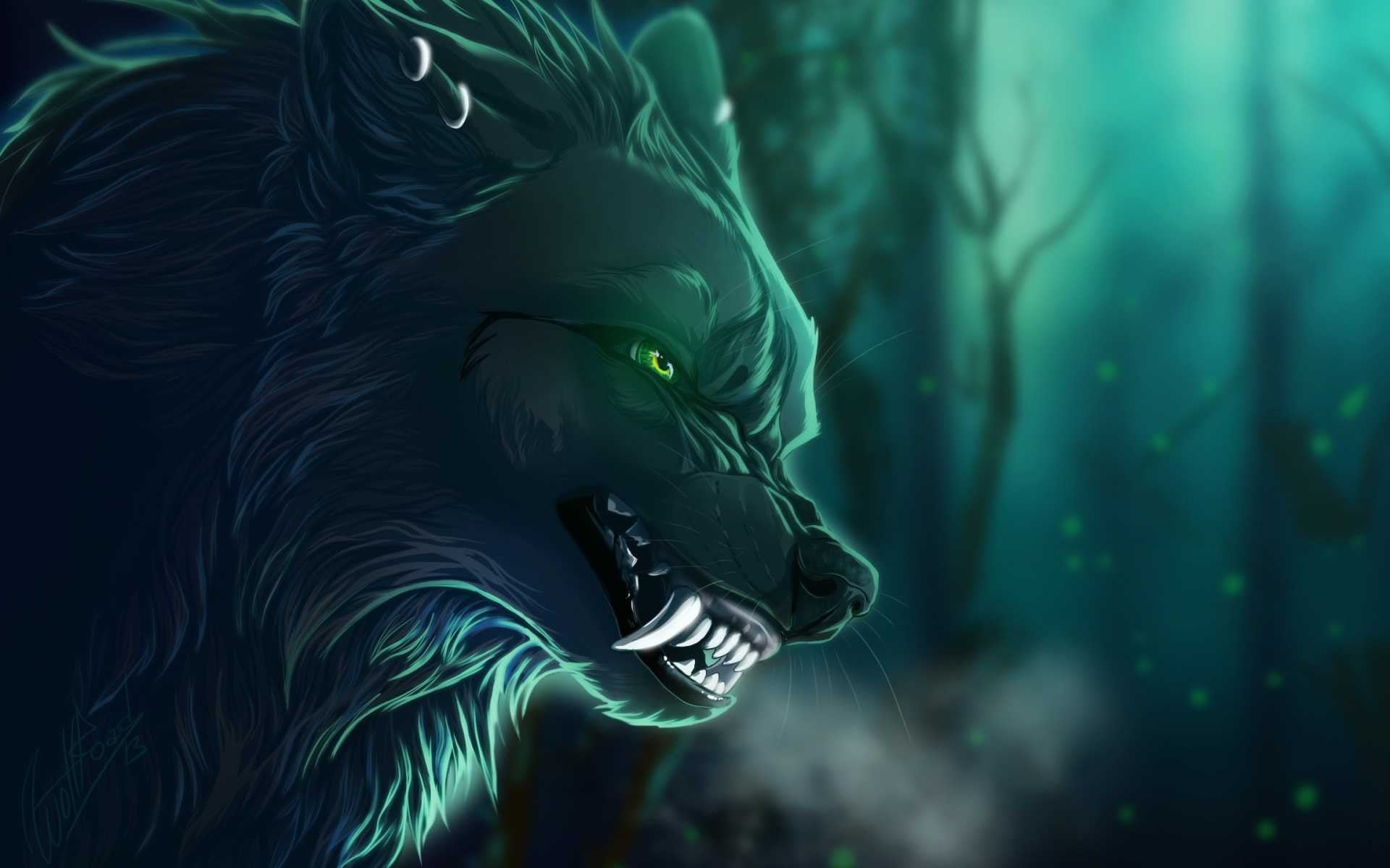 gray wolf wallpaper, artwork, creature, green eyes, teeth, fantasy art