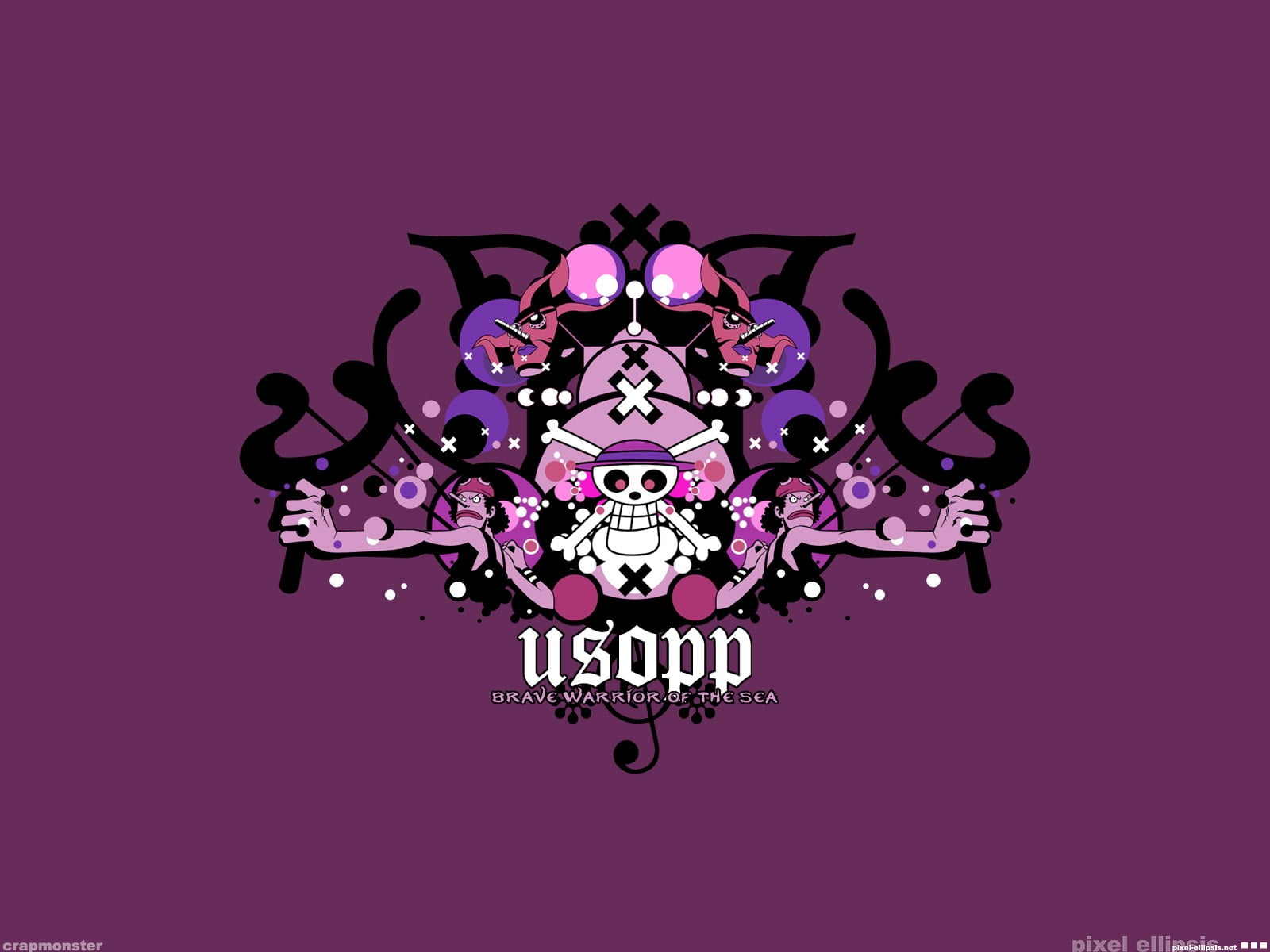 purple background with Usopp logo, One Piece, anime, indoors