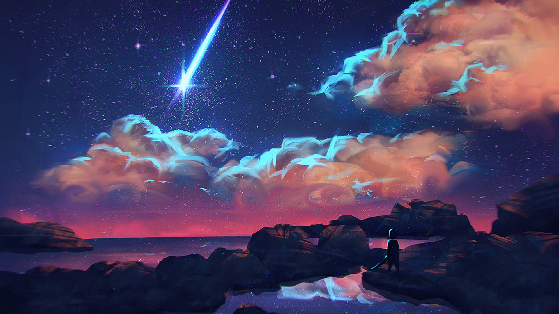 digital art, clouds, night, shooting stars