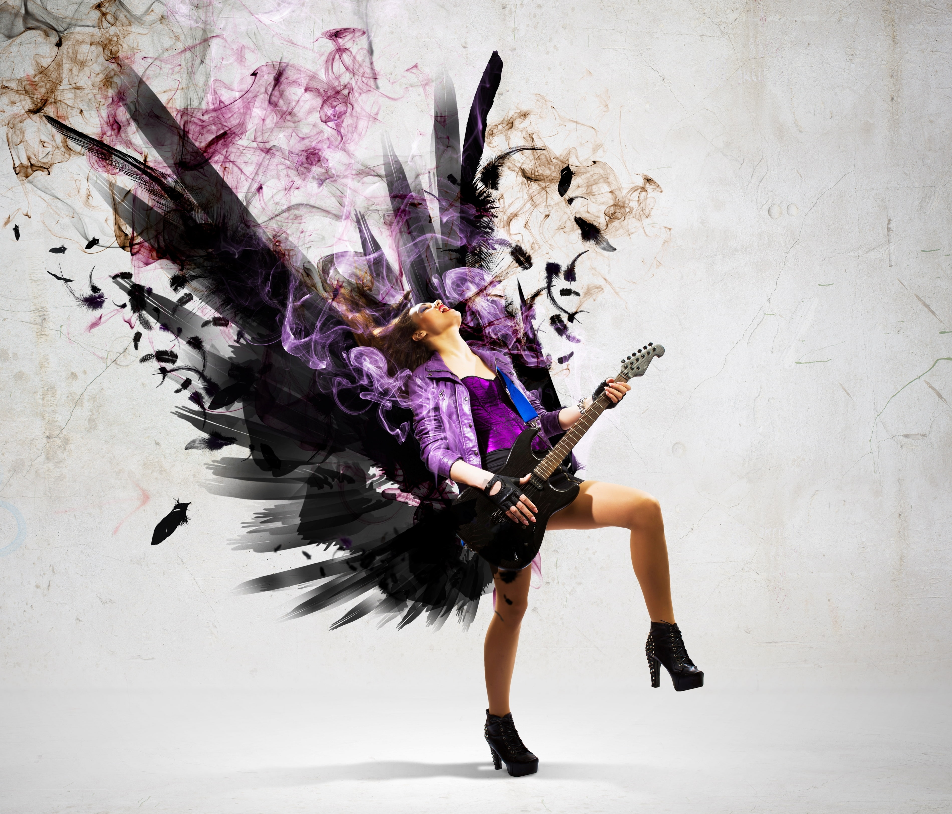 black stratocaster electric guitar, girl, music, smoke, wings