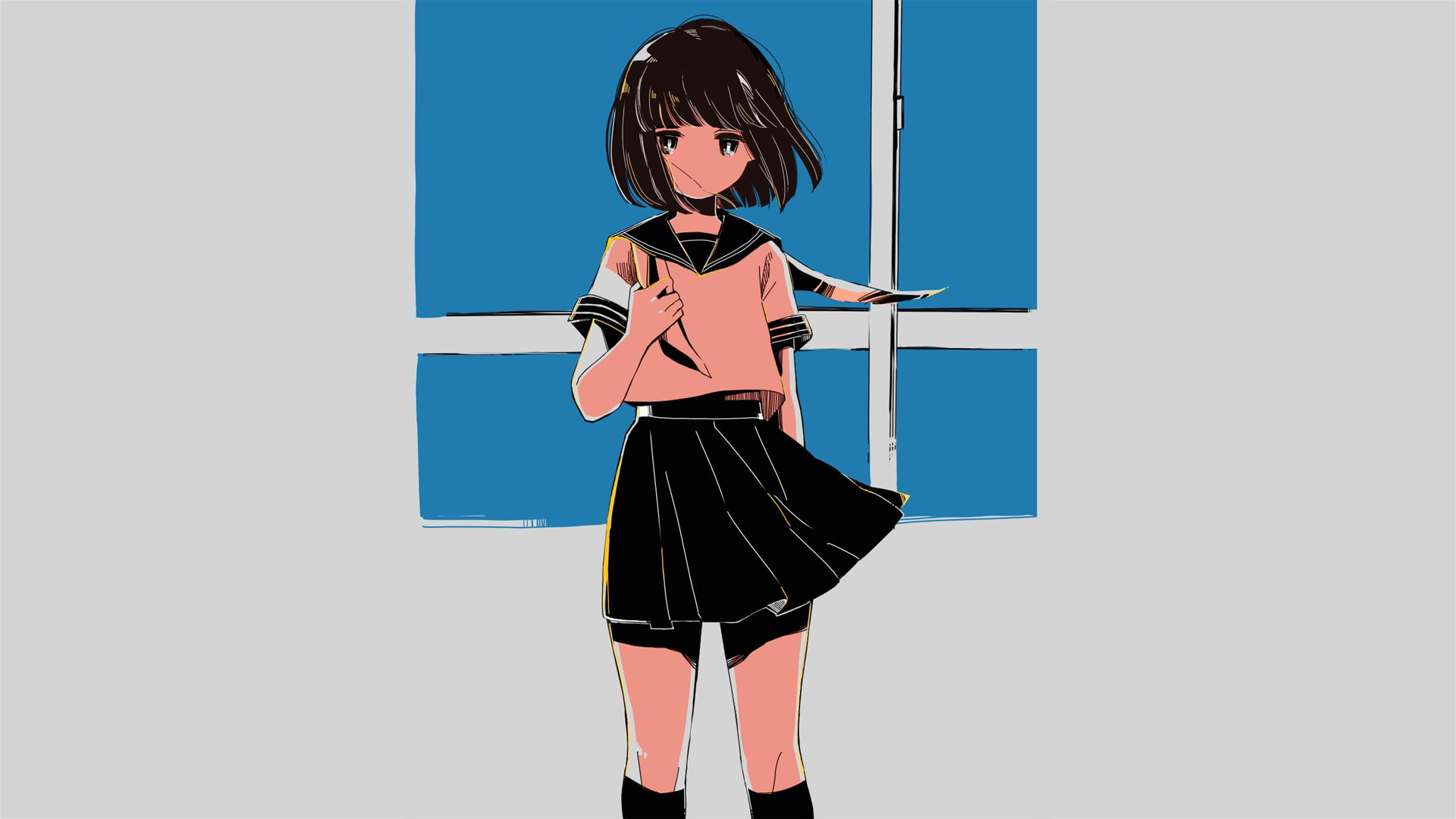 anime, anime girls, manga, window, gray background, simple background