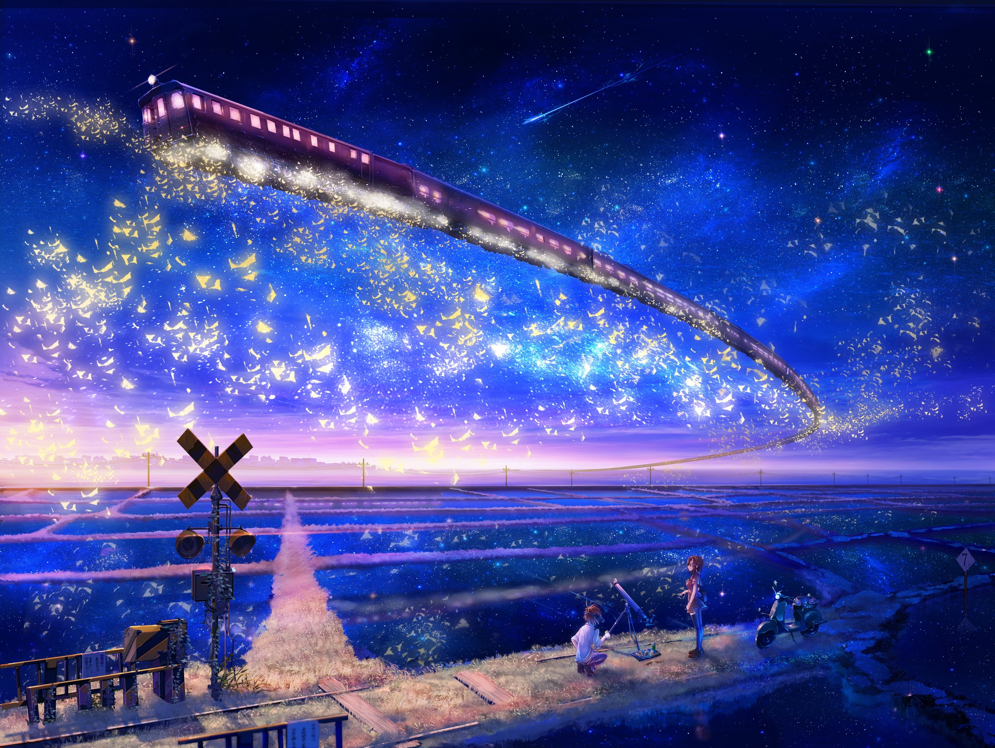 anime landscape, flying train, fantasy, sky, stars, field