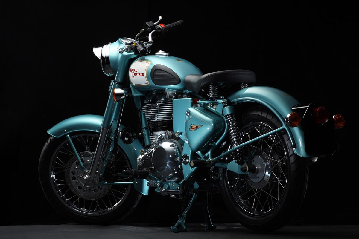 Royal Enfield Classic 500, blue and black cafe racer motorcycle