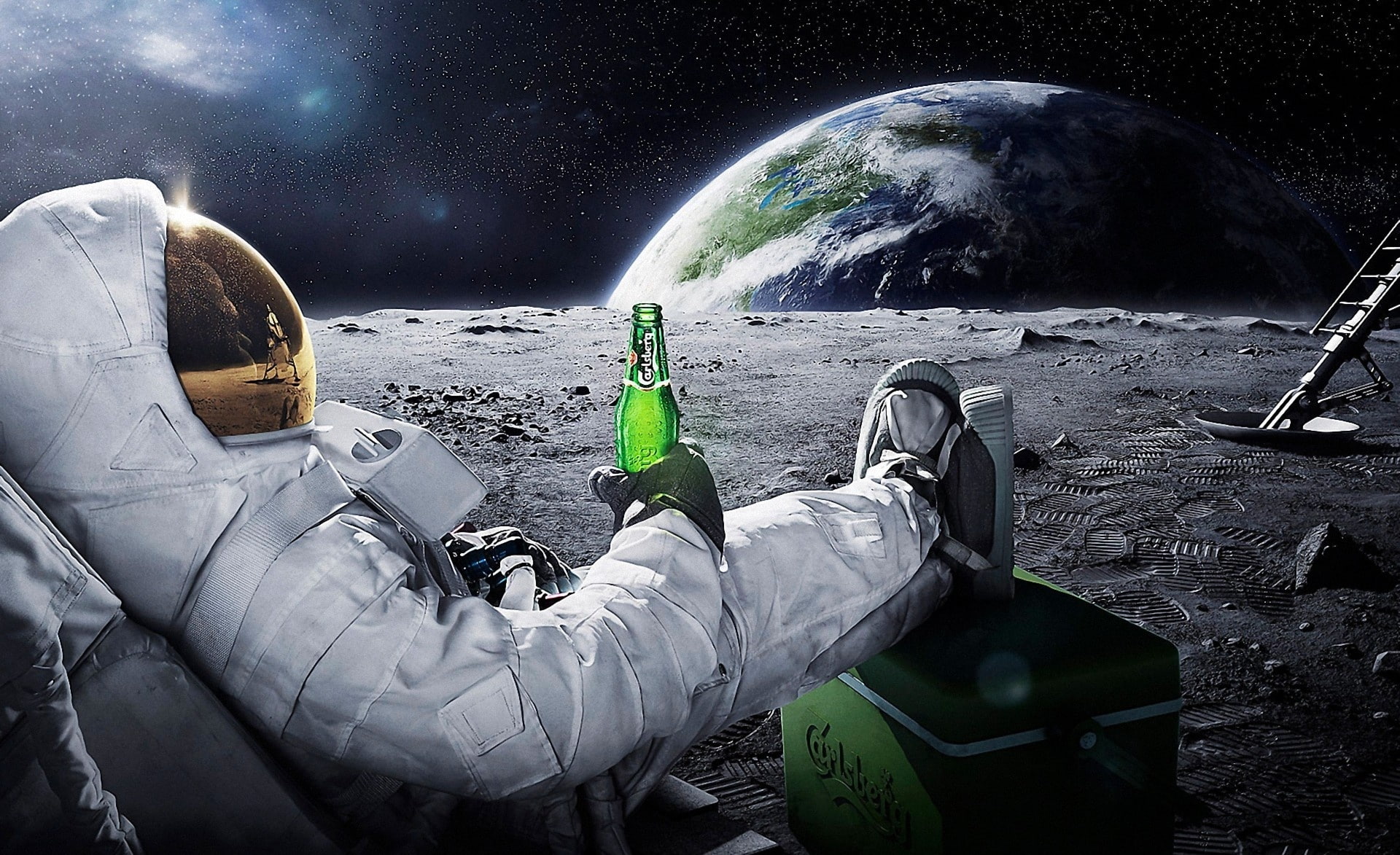 Moon, astronaut holding green bottle in moon digital wallpaper