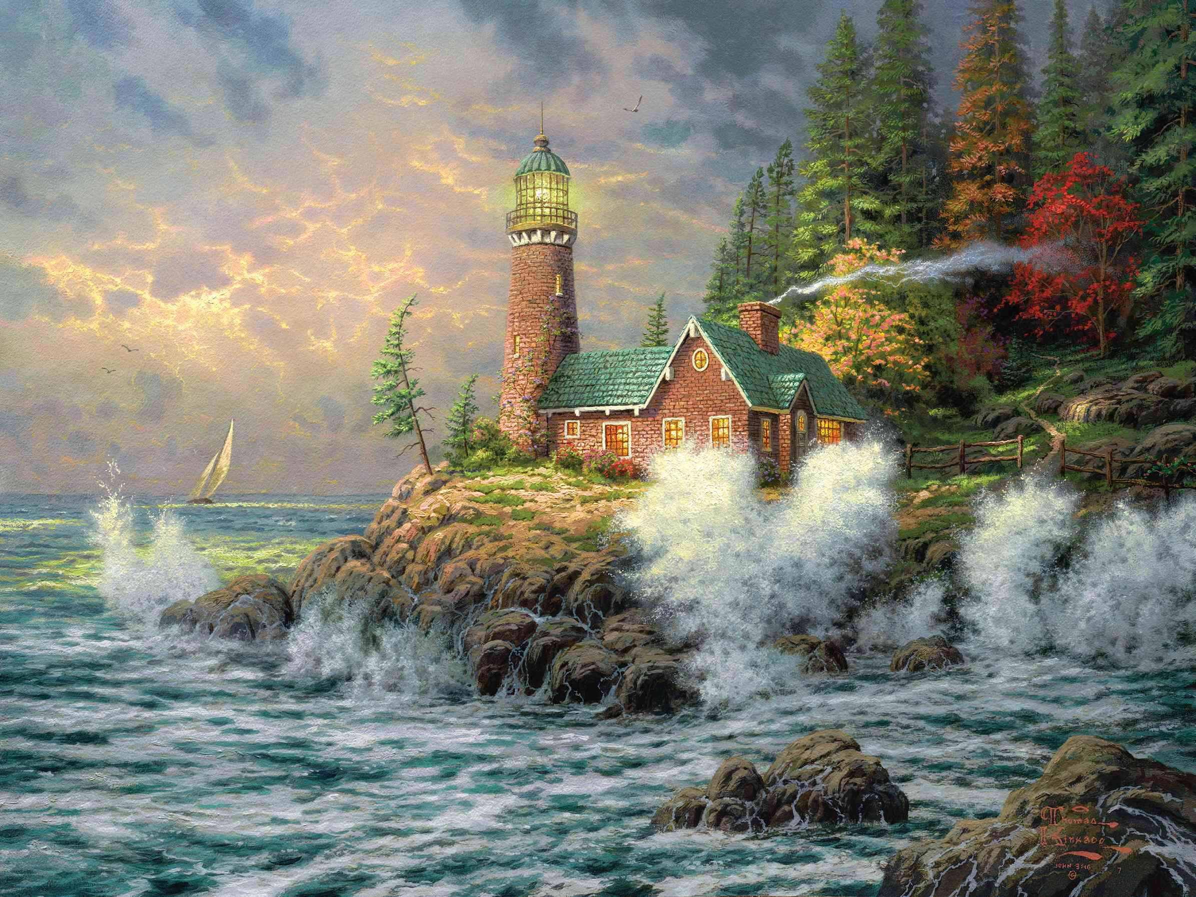 sea, lighthouse, picture, painting, thomas kinkade