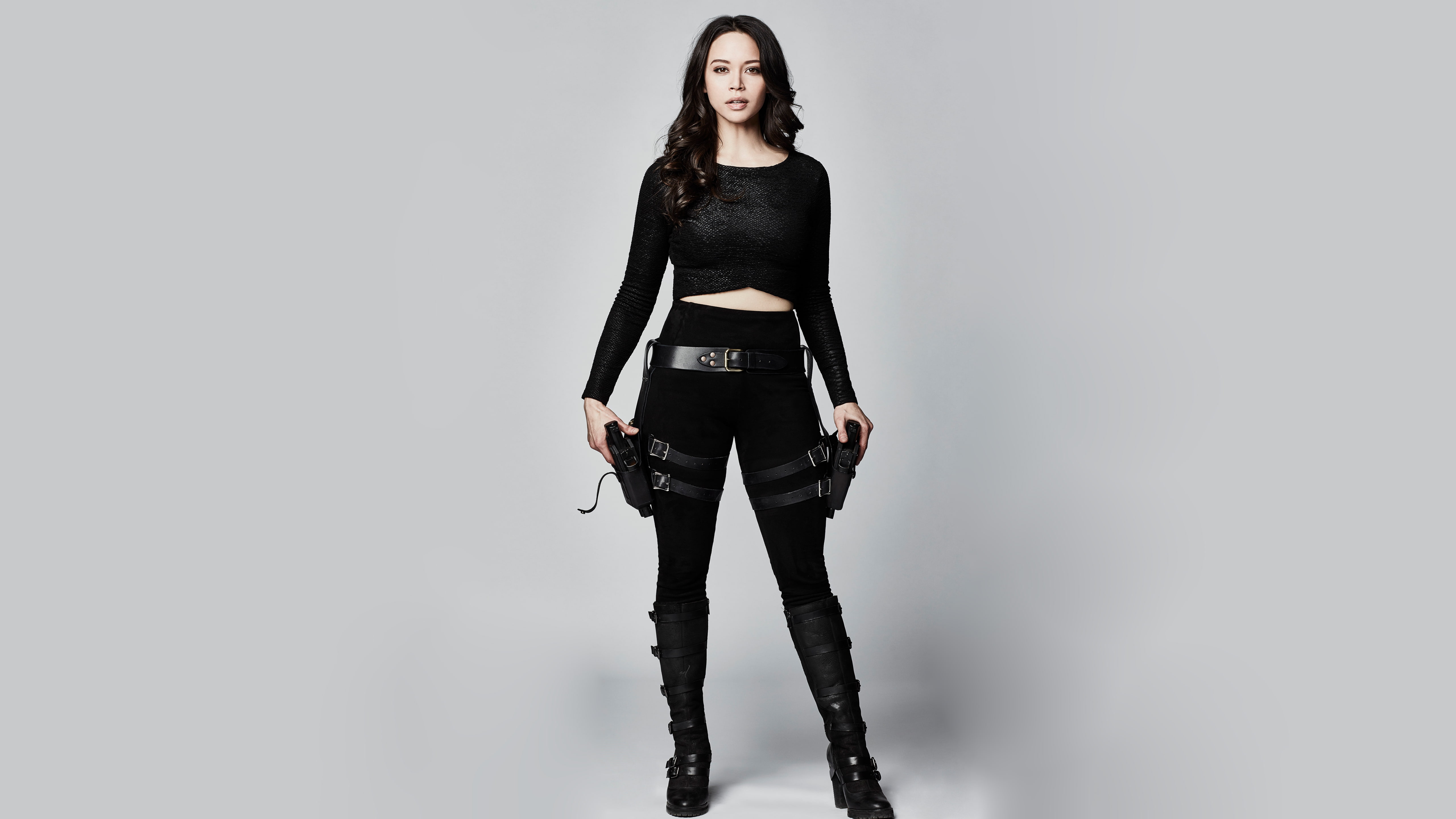 actress  Melissa ONeil  Dark Matter (TV)  black clothing  simple background  standing  brunette  tv series