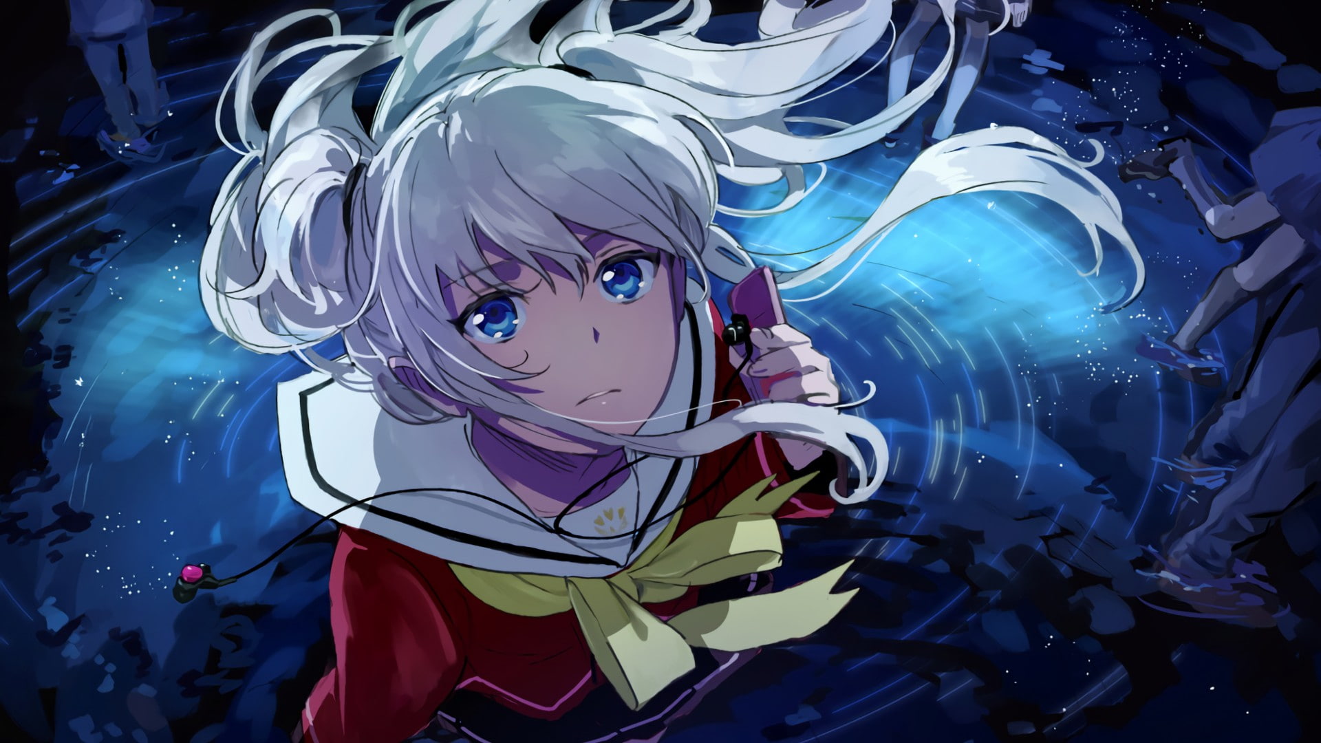 anime girls, white hair, blue eyes, school uniform, artwork