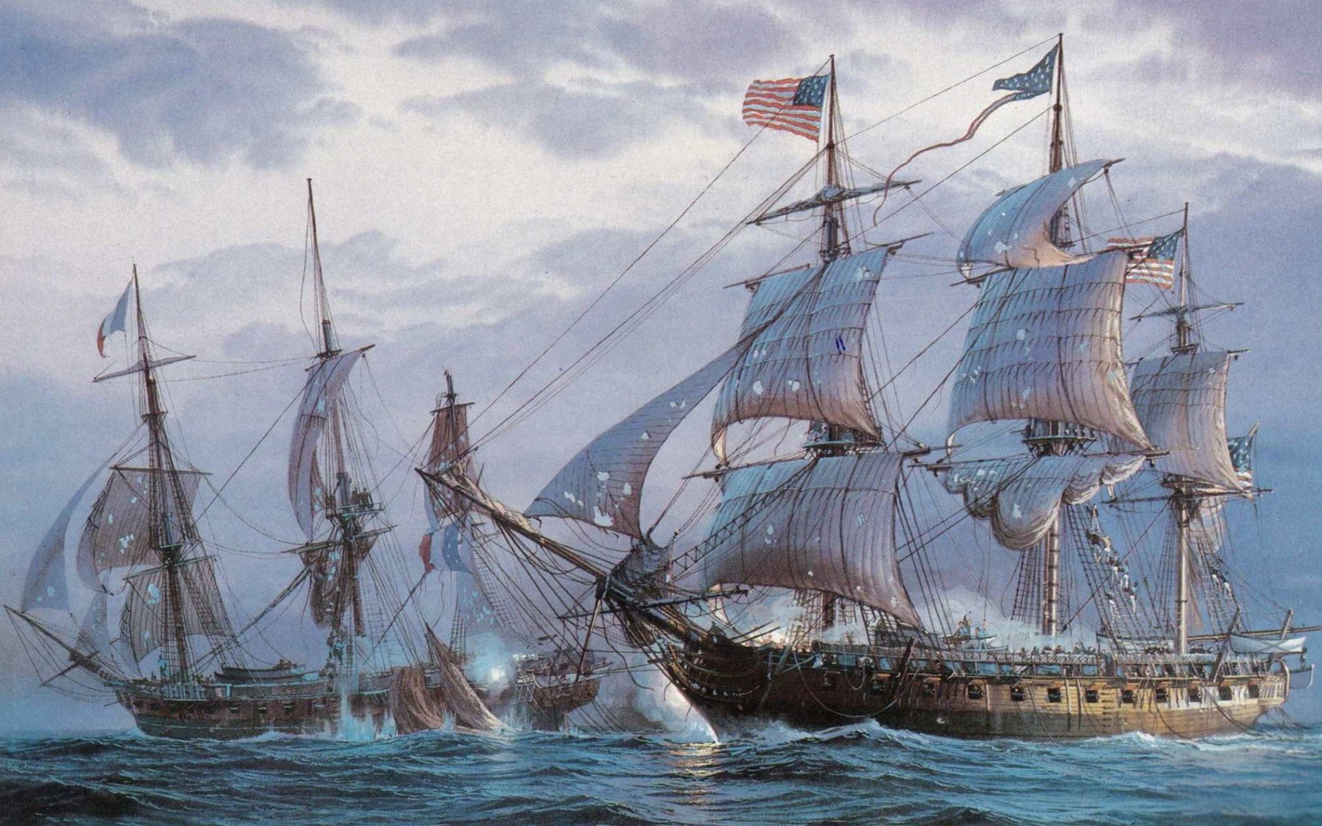 battle, boat, boats, canvas, damage, frigates, ocean, oil, painting