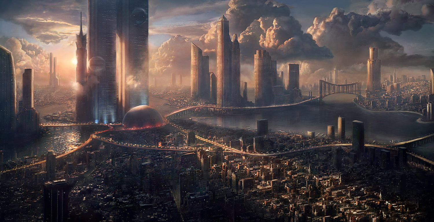 game illustration, futuristic, science fiction, skyscraper, cityscape