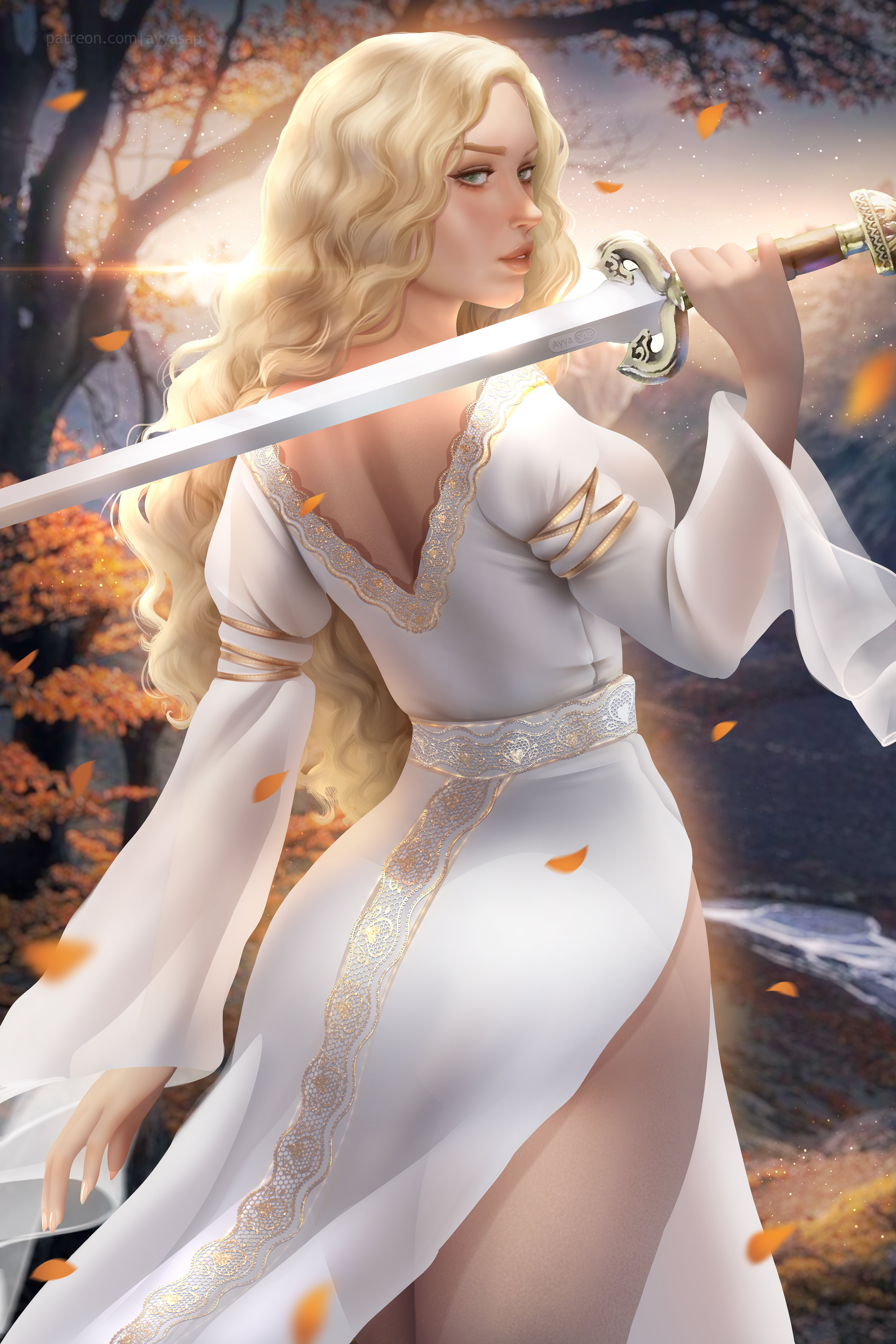 Éowyn, fictional character, The Lord of the Rings, sword, sunset