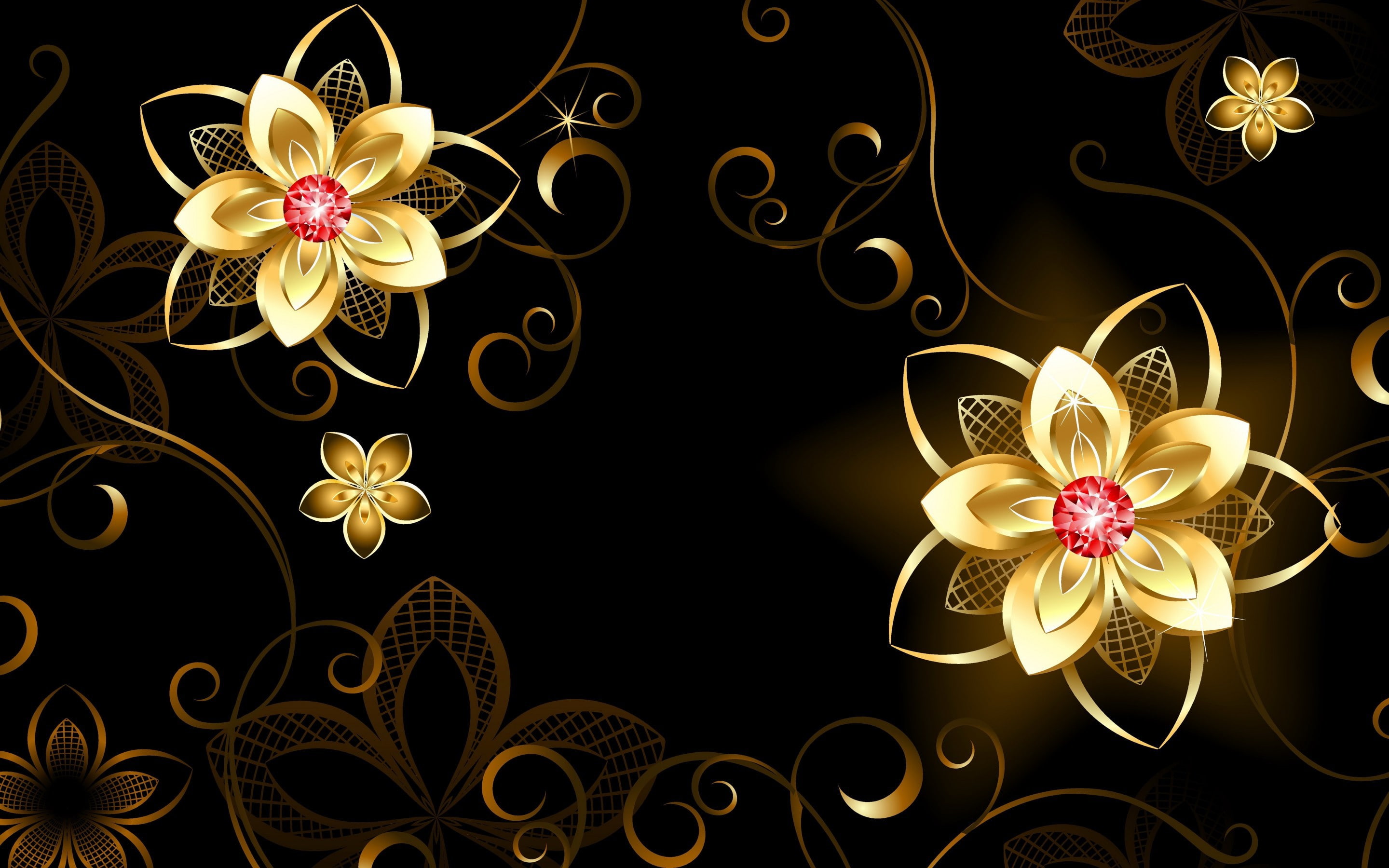 Gold flowers abstraction, black and gold flower printed picture