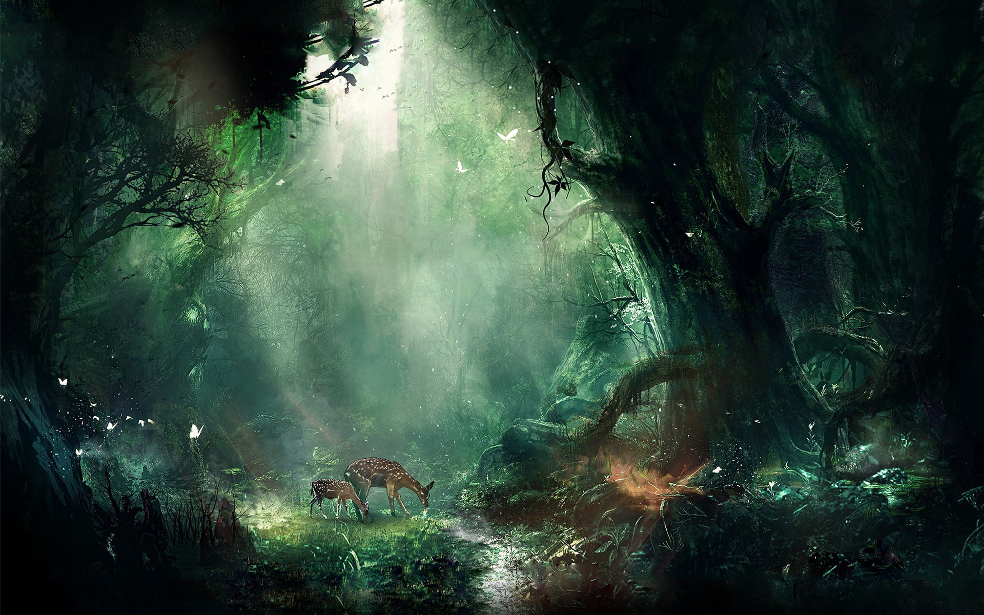 deer in the middle of forest, jungle, fantasy, butterflies, night