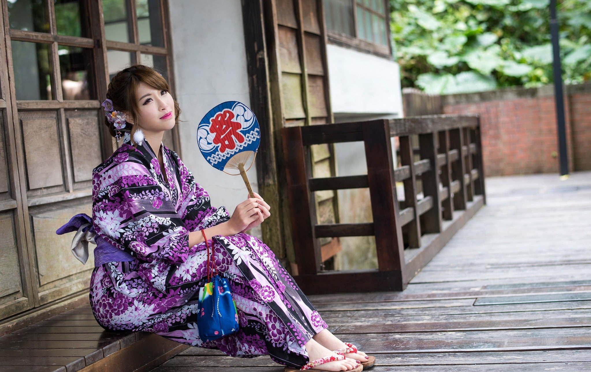 Asian, women outdoors, house, dress, sitting, Japanese kimono