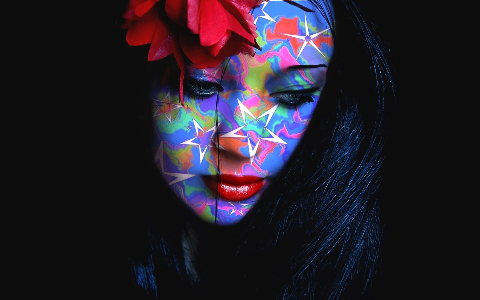 women, colorful, flower in hair, face, red lipstick, face paint