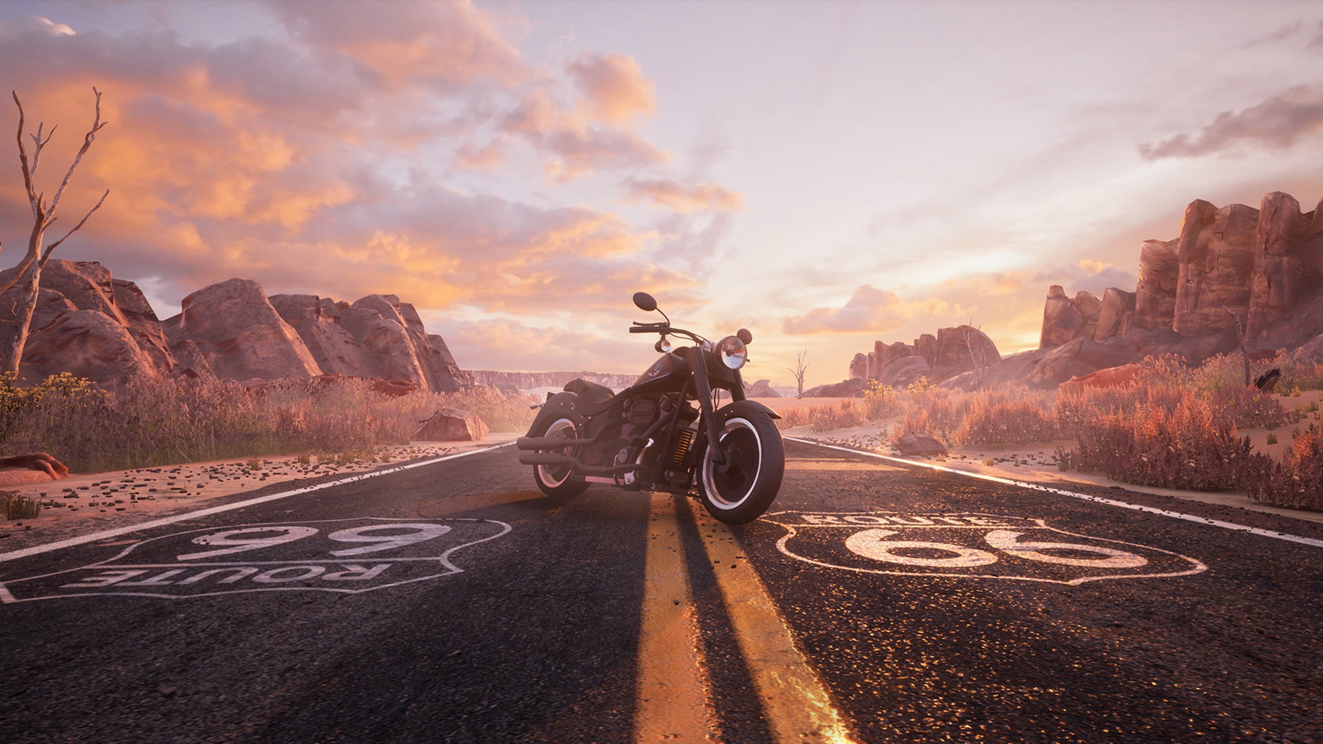road, numbers, Route 66, motorcycle, vehicle, landscape, sky