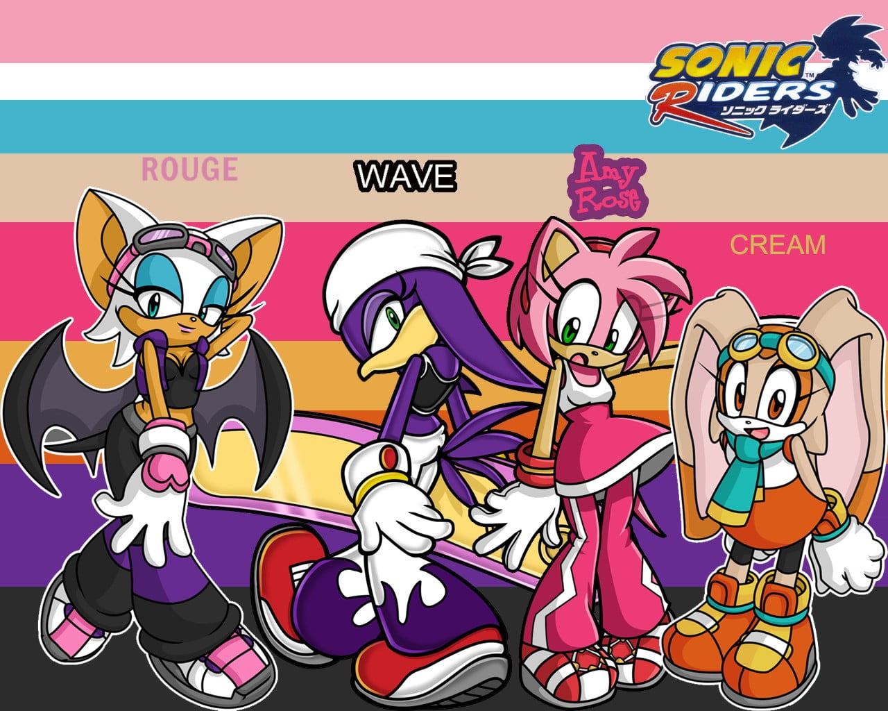 Sonic Riders graphic, Sonic the Hedgehog, Rouge the Bat, people