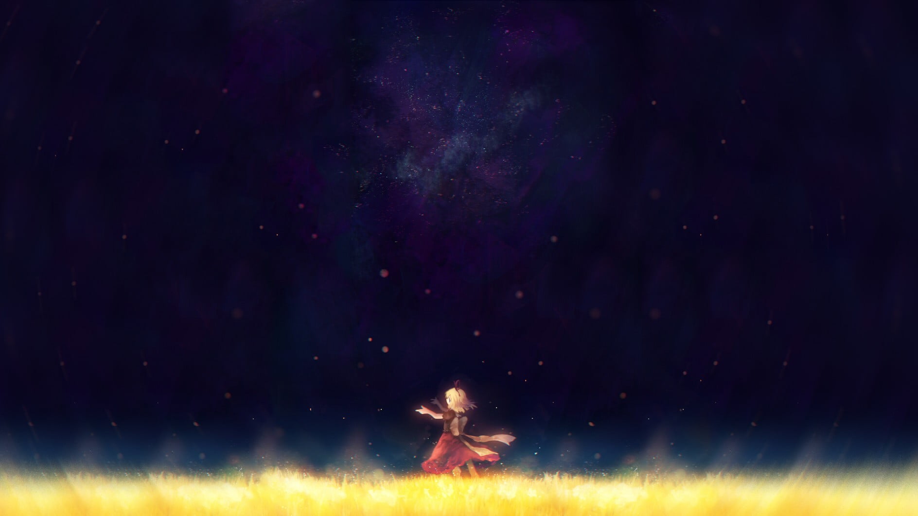 yellow haired anime, grass, stars, dress, star - space, night