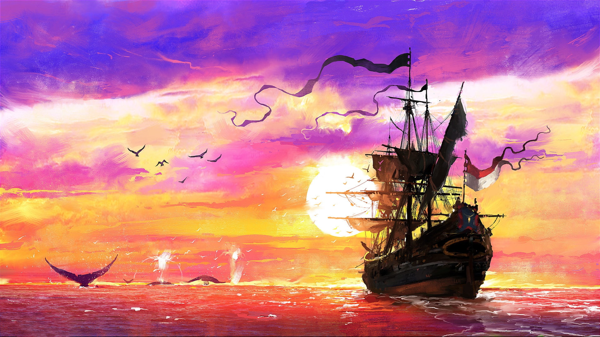 Sunset, The ocean, Sea, Ship, Kit, Whales, Concept Art, Dominik Mayer