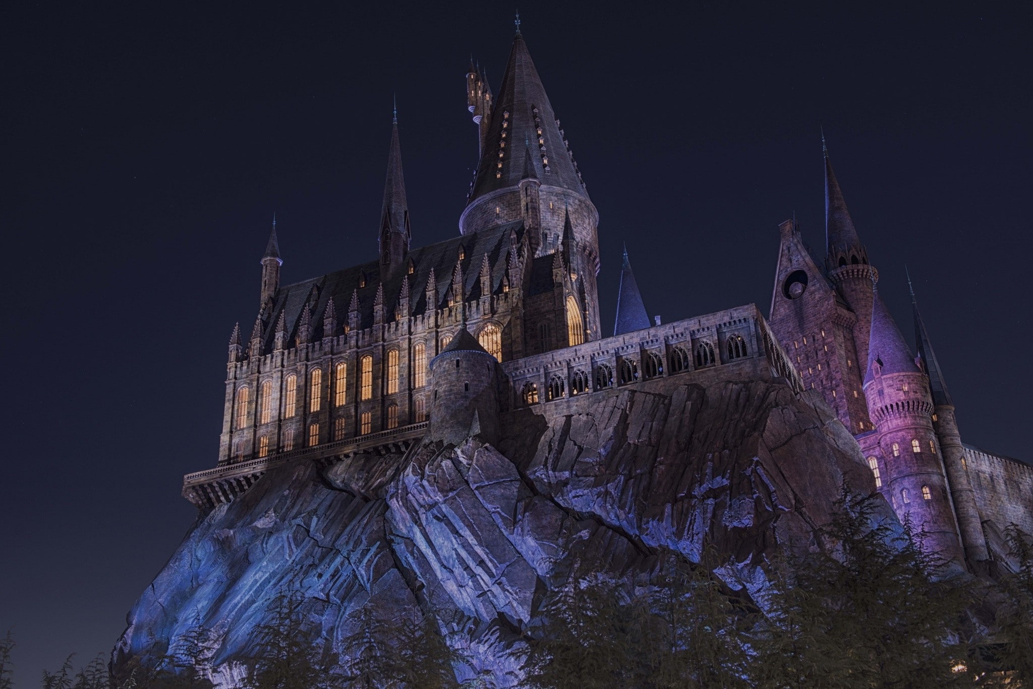 dark, trees, Hogwarts, landscape, magic, castle, night, lights
