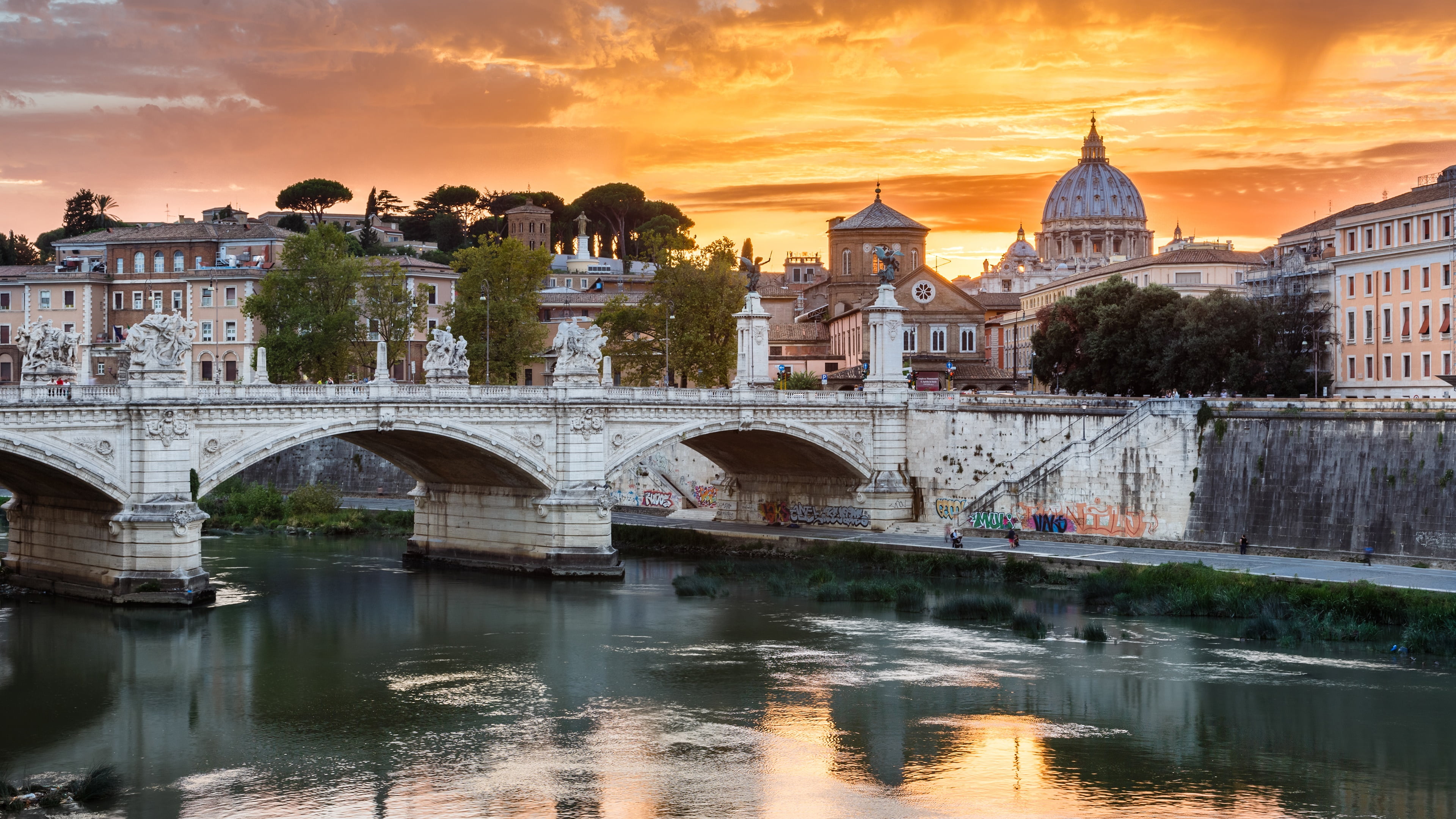 rome, sky, landmark, italy, bridge, europe, river, city, waterway