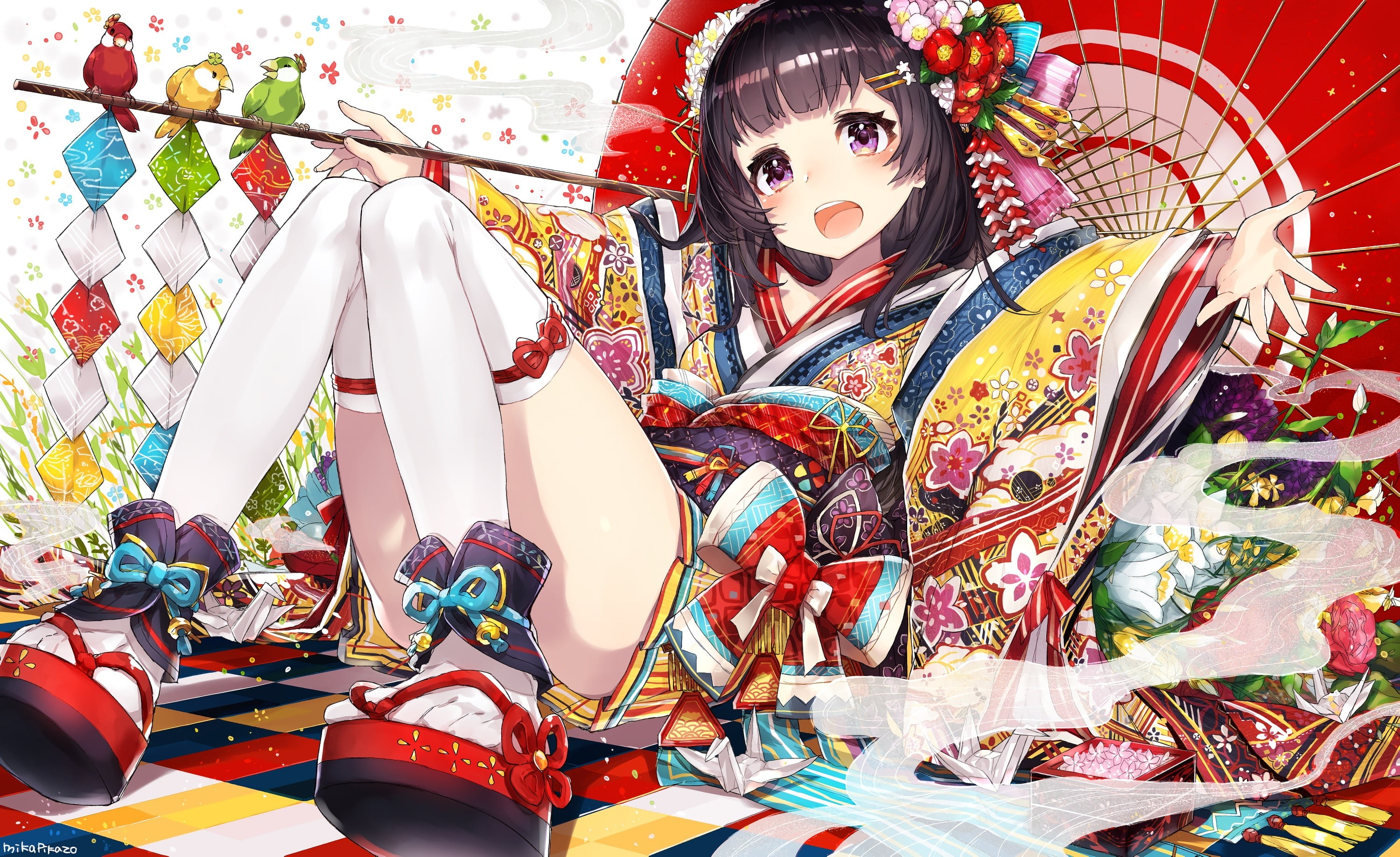 anime, anime girls, thigh-highs, kimono, Japanese kimono, open mouth
