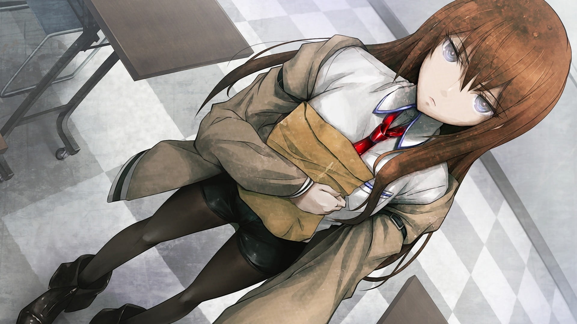 brown-haired female anime character clip art, redhead, Makise Kurisu