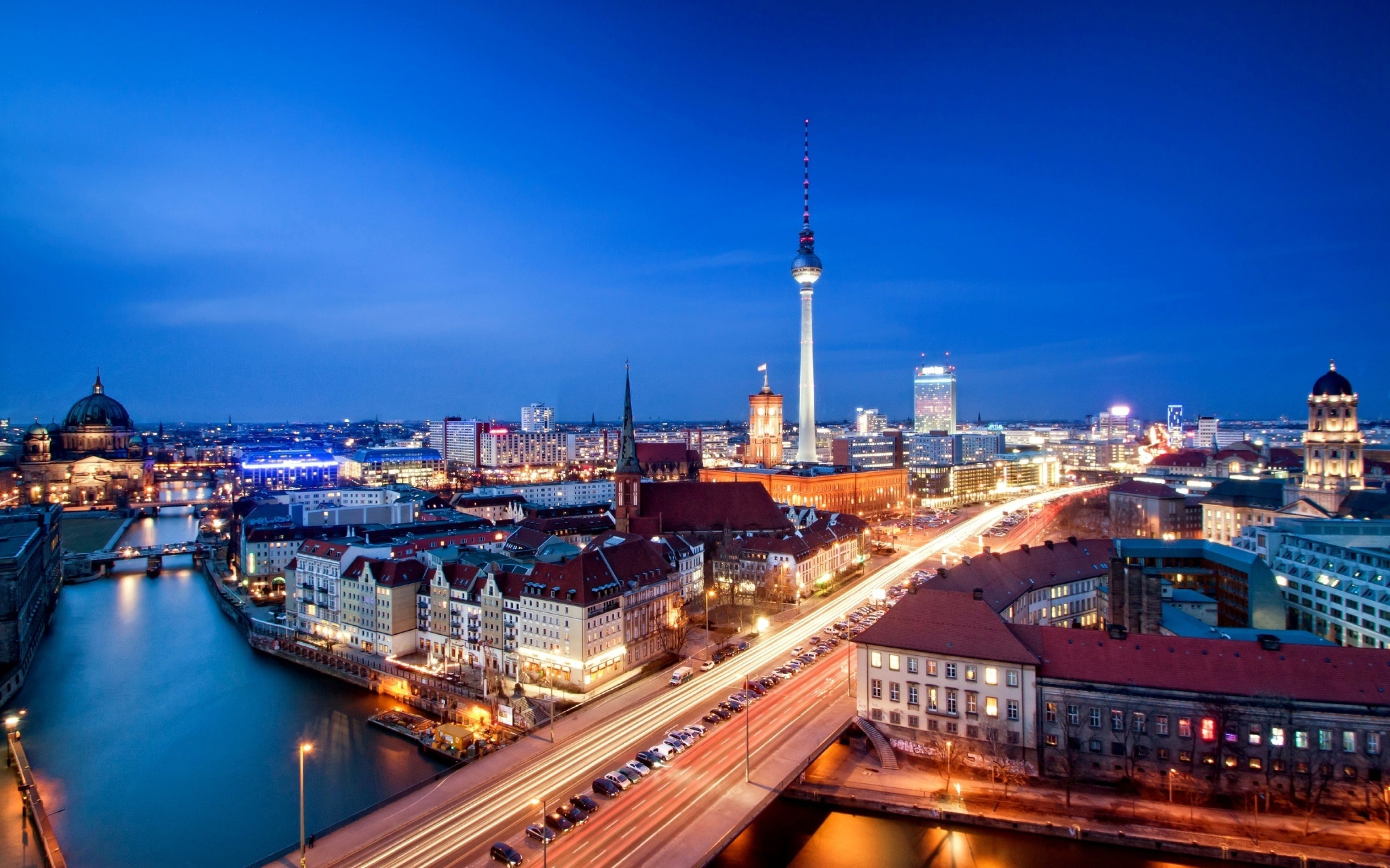 Germany Berlin Alexanderplatz City View Night Night Residential Building Tower Road Car River Spree 3840×2400