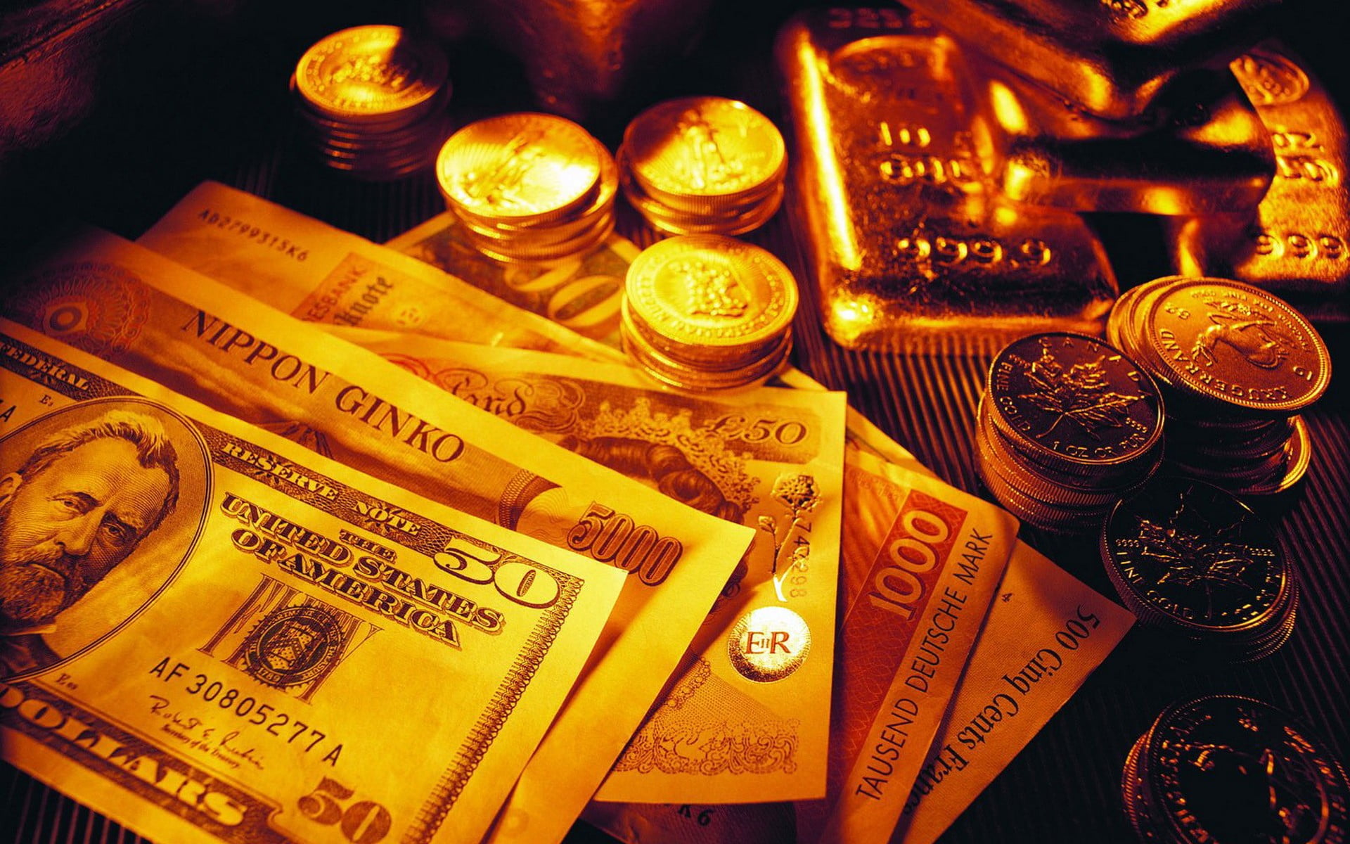 50 US dollar banknote, gold, money, coins, dollar bills, still life