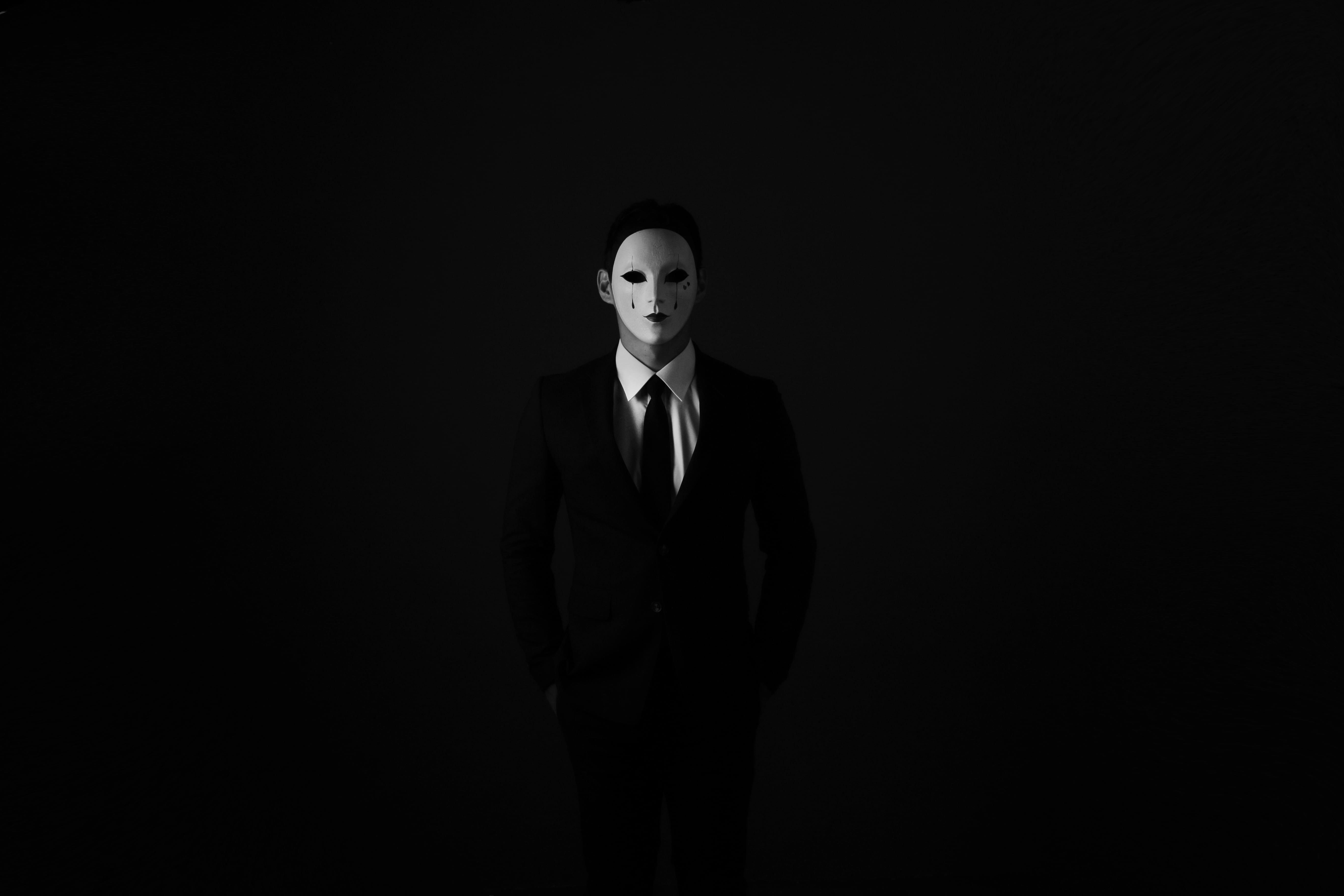 mask, anonymous, bw, tie, suit jacket, shirt, one person, front view